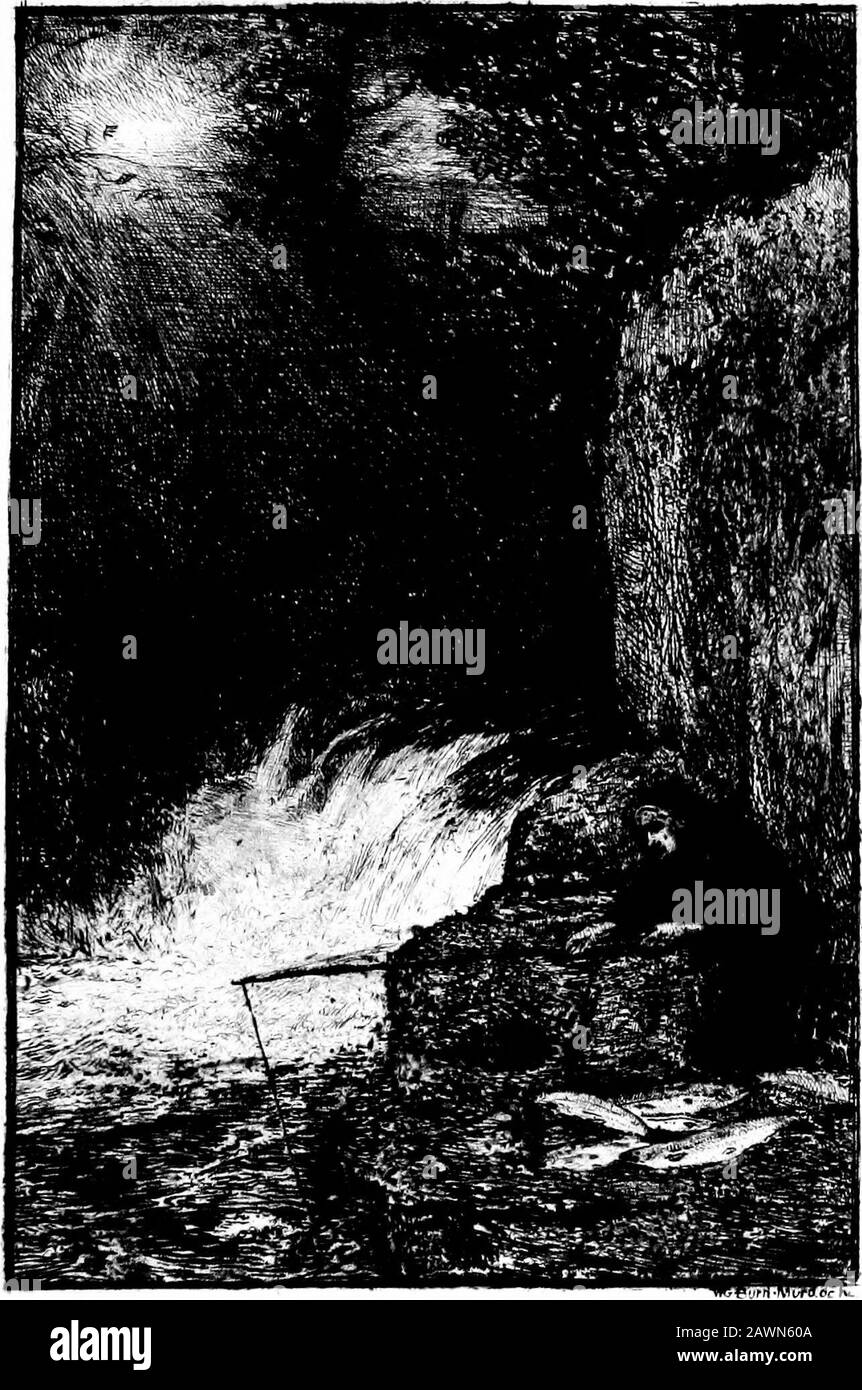 Anglingskizzen . Anziehen, Anziehen, Hasen, Anziehen! Und es erstickte sie. Also hetore den Hasen von den Hunden; und dann flehte ihn der alte Womanbetete ihn, sie vor ihnen zu retten, und sie promised, ihn nie wieder zu plagen. Aber wenn die olddogs Zähne so scharf gewesen wären wie die jungen, wäre sie eine tote Frau gewesen. Als diese Hexe starb, wusste sie, dass sie in Sicherheit in ihrem Grab sein könnte; aber es gab einen verysafe Kirchhof in Aberdeenshire, ein hundertundfünfzig Meilen entfernt, und wenn sie in das hineinkommen könnte, sollte sie in Ruhe sein. Und sie stieg aus ihrem Grab, und sie ging weg, und der Teufel nach ihr, auf einem Blackho Stockfoto