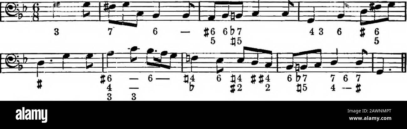 Harmonie, seine Theorie und Praxis . "J4 6 b98 6 43tl4 76 7 56- 76 b b 5-5 2 J]5 5 5- II Jt-NoTfi.-Der zweite Akkord dieses Balkens ist ein passender Akkord, und die Unusualordnung der Figuren in der dritten Krätzenleiste zeigt den Verlauf jedes Teils." (IV) Andantino. (V) Moderato. "M^^-n.^-^vy^i-M^^^ 8 USD 4 6 USD 6 {6 6 6 6 (2 4 3 5 4 5 Stockfoto