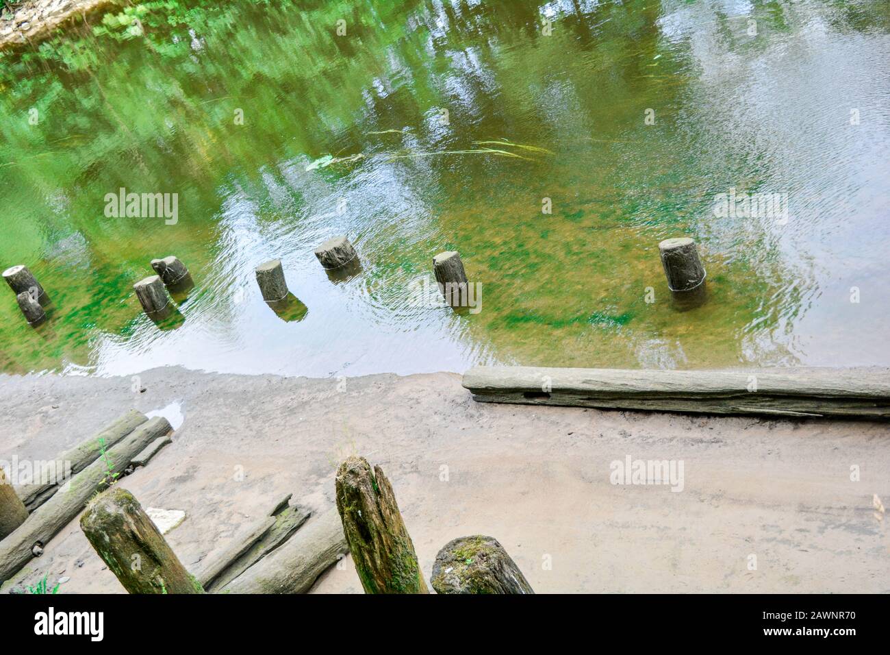 Sandstrand und alte verwitterte Holz- beiträge in spiegelnden Wasser des seichten Fluss oder Kanal mit Algen und Schlick Stockfoto