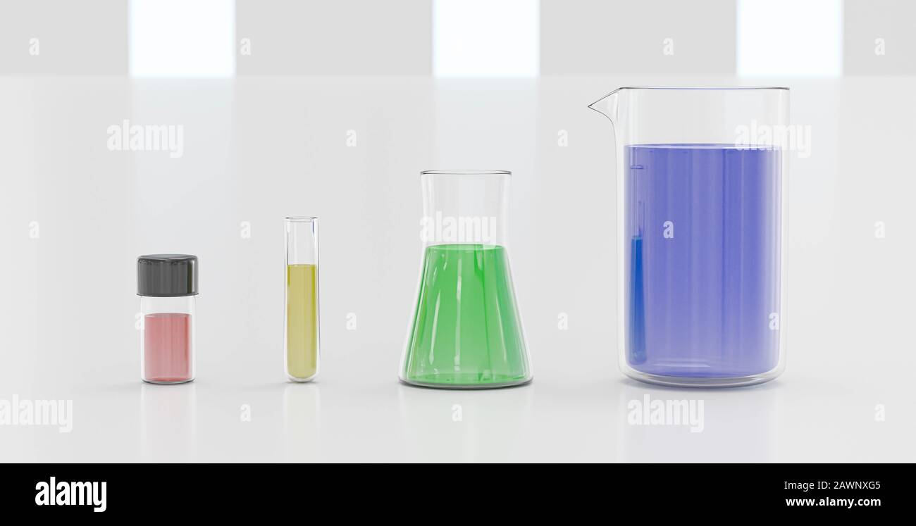 Wissenschaftliches Labor graduierte Zylinder und Kolben voller chemischer Lösungen für ein Experiment in einem wissenschaftlichen Forschungslabor 3D Rendering Illustration Stockfoto
