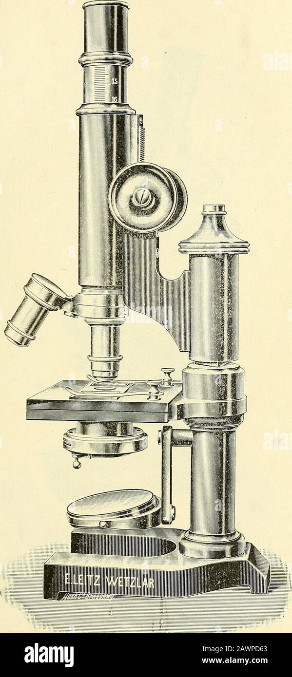 Das Mikroskop; eine Einführung in mikroskopische Methoden und in die Histologie. WBiiliiiiiigFig. 75. E. Leitz Mikroskop il C. ( Wm. Krafjtt, New York). CH. II ] LABORMIKROSKOPE 11. Abb. 76. Leitz Mikroskop HE. Es wird bemerkt, dass dieses Mikroskop noch ein Nochengelenk für die Neigung hat ( Wm. Krafft, N. Y.). 78 LABORMIKROSKOPE 10. II Stockfoto