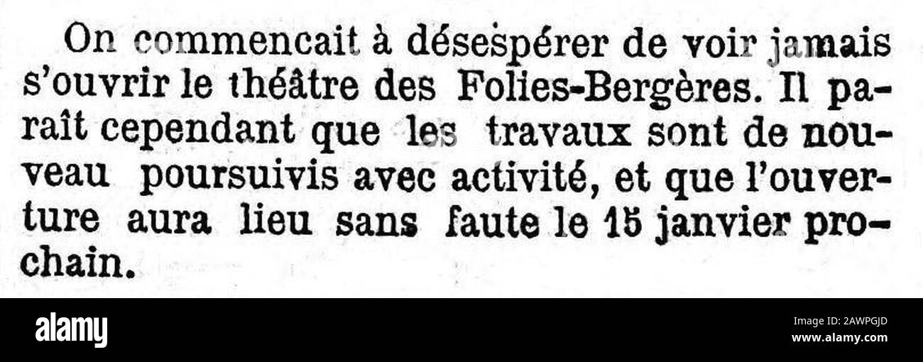 Folies Bergère - Bruits de Coulisses - Le Gaulois - 17 décembre, 266 - Seite 3 - 6ème colonne. Stockfoto