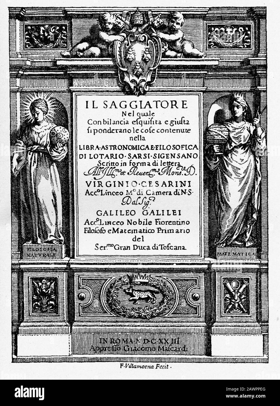 1623, ROMA, ITALIEN: Francesco Villamenas Frontispiz für Galileo Galileis Il Saggiatore, herausgegeben von der en: Lincean Academy im Jahre 1623 in Rom Stockfoto