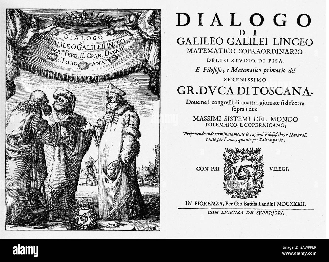 1632, FIRENZE, ITALIEN: Frontispiece (von Stefan Della Bella) und Titelseite des Dialogs von Galileo Galilei Über die Beiden Chef-World-Systeme, Kneipe Stockfoto