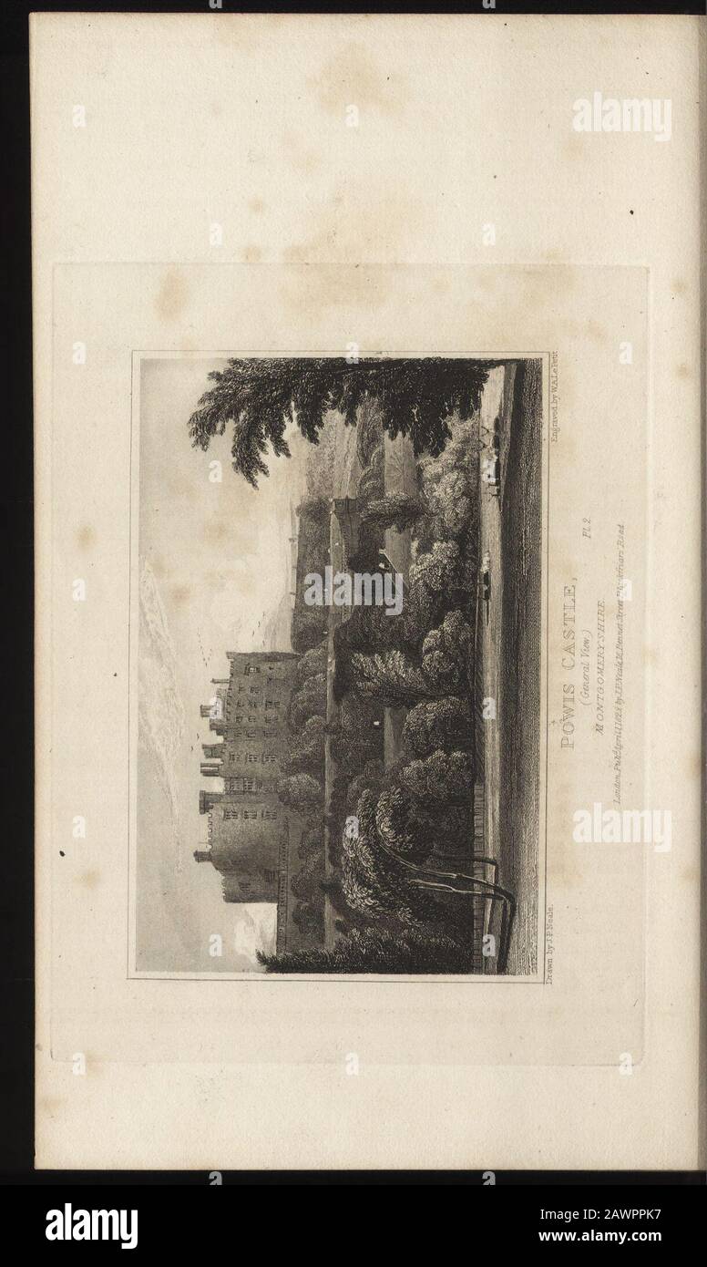 Ansichten der Sitze von Adligen und Herren in England, Wales, Schottland und Irland. • OOTOTS CASTLE, JHONTGOMERPSHTRE, DER SITZ DES RECHTEN EHRENWERTEN EDWARD HERBERT, VISCOUNT CLIVE. Etwa eine Meile entfernt von der Stadt Welsh Pool und auf der rechten der Straße nach Montgomery, steht der ehrwürdige Haufen von Powis Castle, das auch die Bequemlichkeit eines Landsitzes zugibt. Das ziente Gebäude wurde vor allem aus rotem Kalkgestein errichtet, und die Werkstätten, die jetzt unter der Leitung von Robert Smirke, Esq., Architekt, stehen, entsprechen dem ursprünglichen Entwurf des alten edi Stockfoto