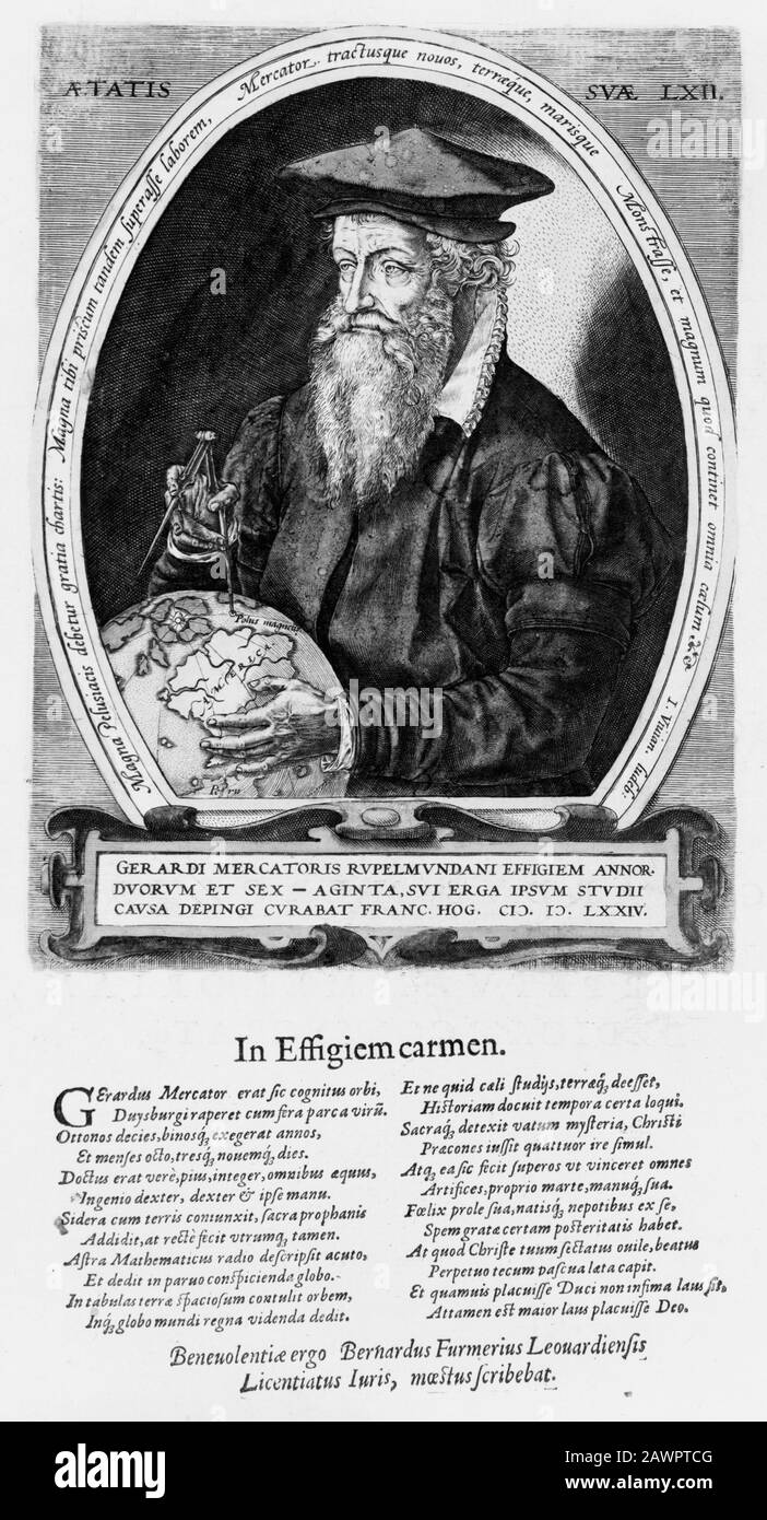 1574 : Gerardus Mercator, geboren 1512 in Rupelmonde in der Habsburger Grafschaft Flanderns ( Belgien ), Heiliges Römisches Reich, starb 1594 in Duisburg, United Du Stockfoto