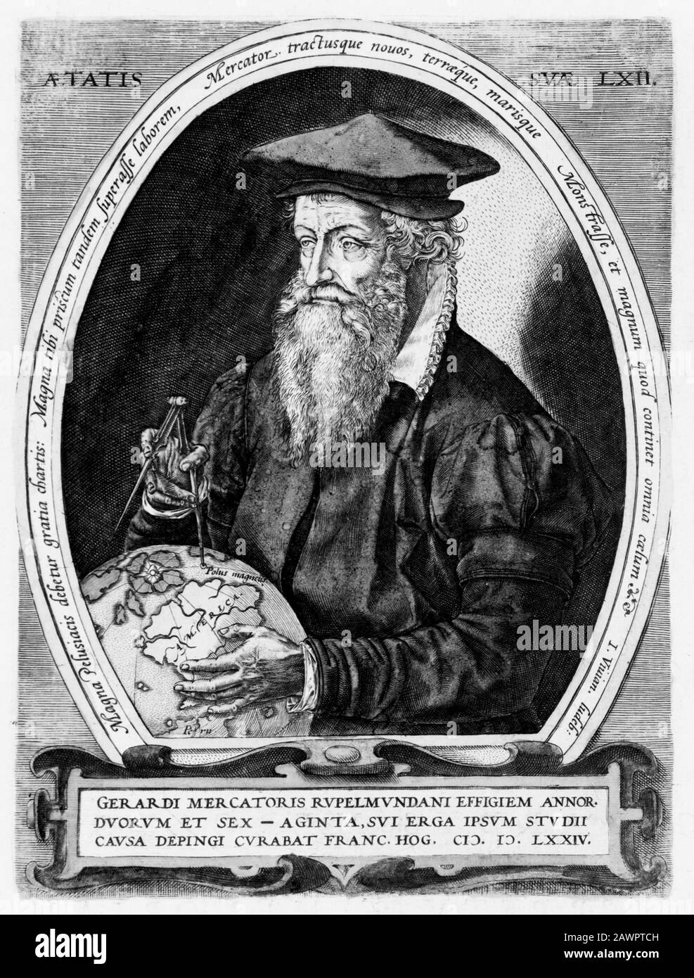 1574 : Gerardus Mercator, geboren 1512 in Rupelmonde in der Habsburger Grafschaft Flanderns ( Belgien ), Heiliges Römisches Reich, starb 1594 in Duisburg, United Du Stockfoto