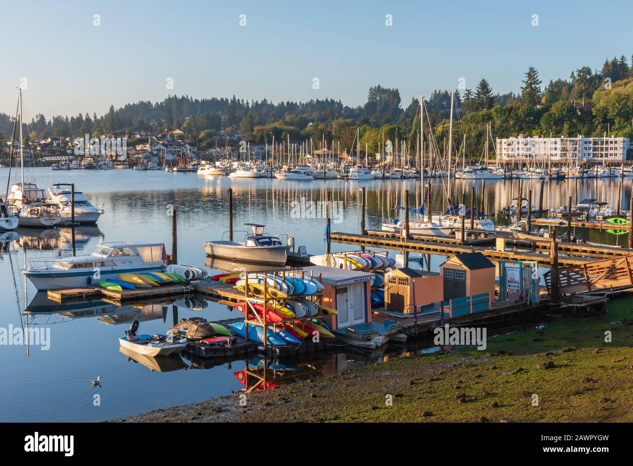 Sonnenaufgang über der Kleinstadt Gig Harbor, Washington mit Mount Rainier als Kulisse Stockfoto