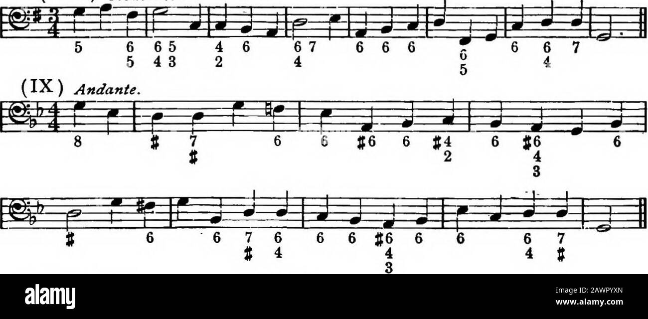 Harmonie, seine Theorie und Praxis . 7 *S- 5 4 2 % (A) Die nach dem % platzierte Zeile zeigt an, dass die Note fortgesetzt werden muss. Hier muss C % ein Halbbreve sein, während A und G (8 und 7,) Minimalwerte sind. Die Zeilen unter der ersten Note von Takt 6 haben die gleiche Bedeutung wie bei (a) in Übung I. (VII) Moderato. ^3p^^^ ^=it f^-^4^^4£ l=it: 3 7 6 4 6 44 2(VIII) Moderato. 6 54 3. (X) Mittel. ^ (^ 239) g^ ^¥ ^ 6 US-Dollar 4 6 US-Dollar 62 4 7 6 7 6 6 64 ( XI) Andante, Stockfoto