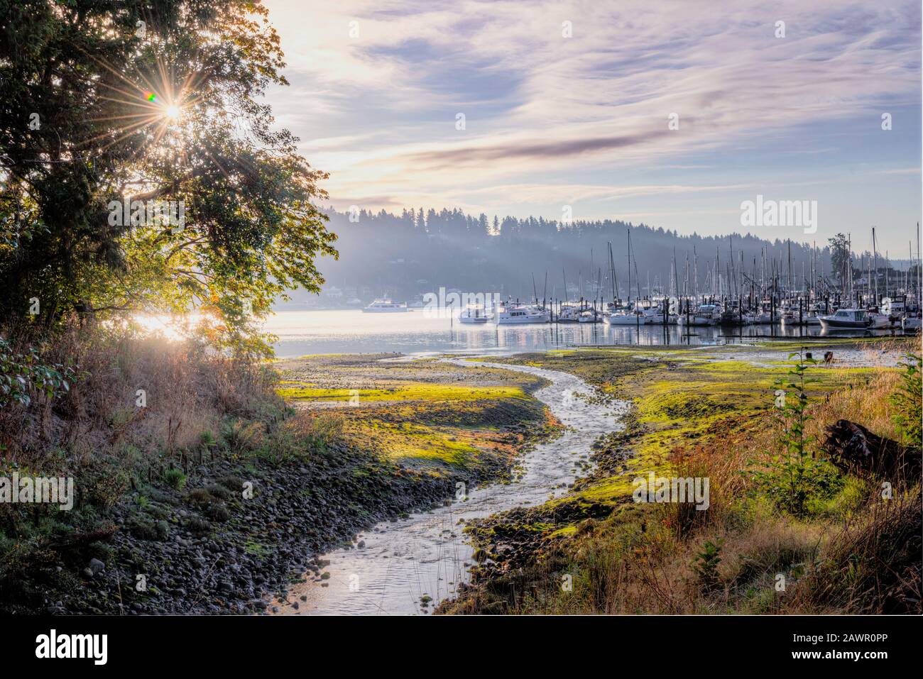 Sonnenaufgang über der Kleinstadt Gig Harbor, Washington mit Mount Rainier als Kulisse Stockfoto