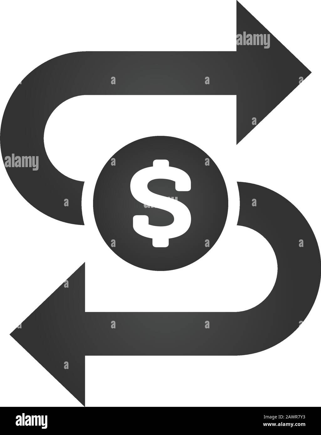 Geldsymbol mit Pfeilen, Kapitalabnahme und -Erhöhung, Dollarzinserhöhung, Investitionskonzept. Darstellung des Stock-Vektors isoliert auf weiß Stock Vektor