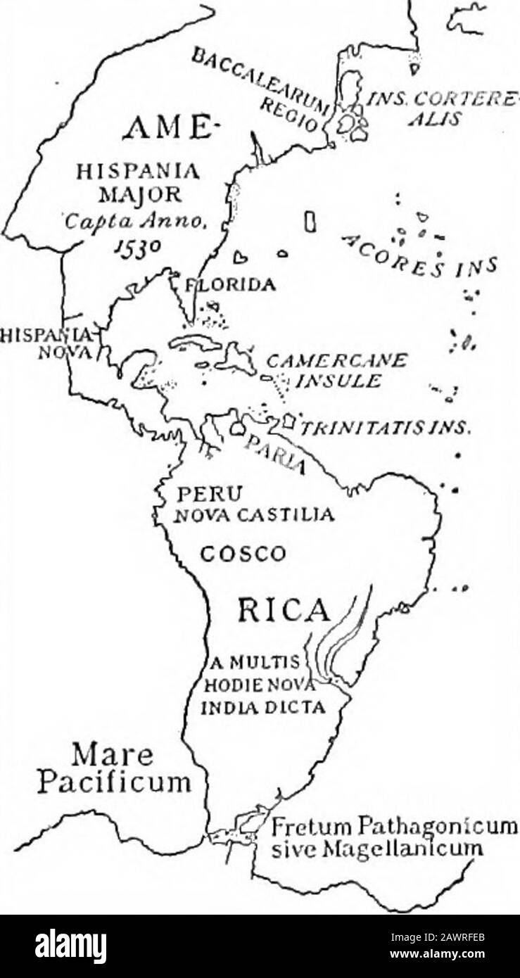 Eine amerikanische Geschichte . Miinsters Karte (1540), die Land nördlich des Isthmus-Attachedto the New World zeigt. Mercators Karte (1541), die den Namen Amerika zum ersten Mal zeigt, hat dem Ganzen Kontinent 20 Die Gründung der englischen 23. Bartolo-meo las Casas 24. Französischexplorersin NorthAmerica;Verrazanoand Cartier wurden aus den Kolonien ausgeschlossen; die Ureinwohner wurden durch die Strenge des Sklaven in den Minen fast exter-miniert. Das Land war Eigentum des Landesherren, und von ihm wurden Mandeln gewährt, die unter dem Deckmantel des Schutzes und der Umwandlung von Thenativen ihre Köche großslav machten Stockfoto