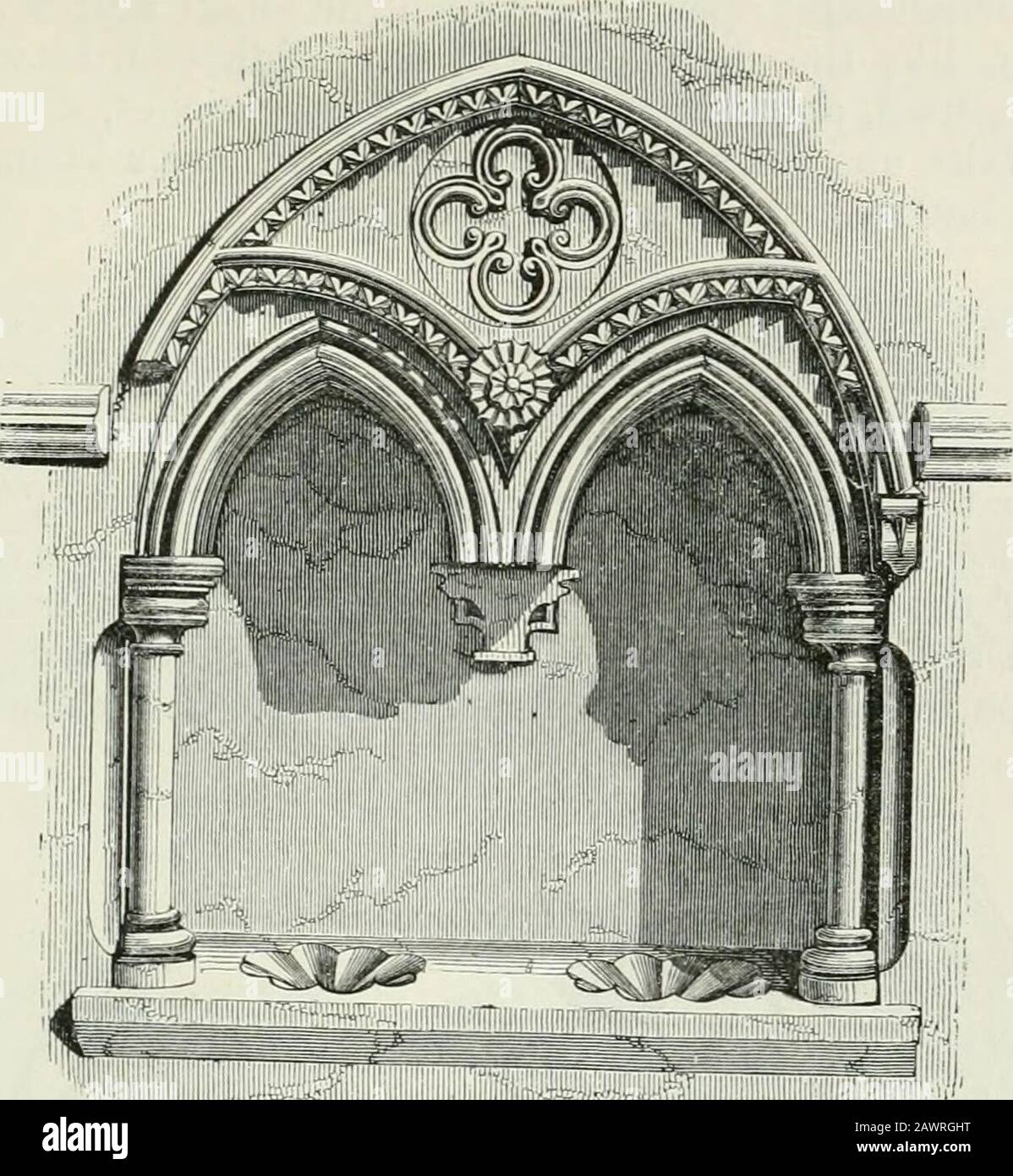 Der Versuch, die Baustile in England von der Eroberung bis zur Reformation zu diskriminieren: Mit einer Skizze der griechischen und römischen Orden . Sedile, Stanwick, Iforthants, c. Li,%^. O.JEWlTr.SC Niclie, Westfront, ieterborougti Catedral, a.d. 1200. Bestehen aus einer Reihe von Bögen, von denen einige abschüssig sind und einige mit einem kleinen, aber nicht sehr sichtbaren Sockel für die Statue.[An der Westfront der Peterborough Cathedral ist eine Reihe von Kreuzbögen, Die abwechselnd mit Statusfenstern besetzt sind.] Sie sind oft unter einem Bogen, ^ Der Sedilie, gruppiert, siehe S. 43. • Bei Uffi Stockfoto