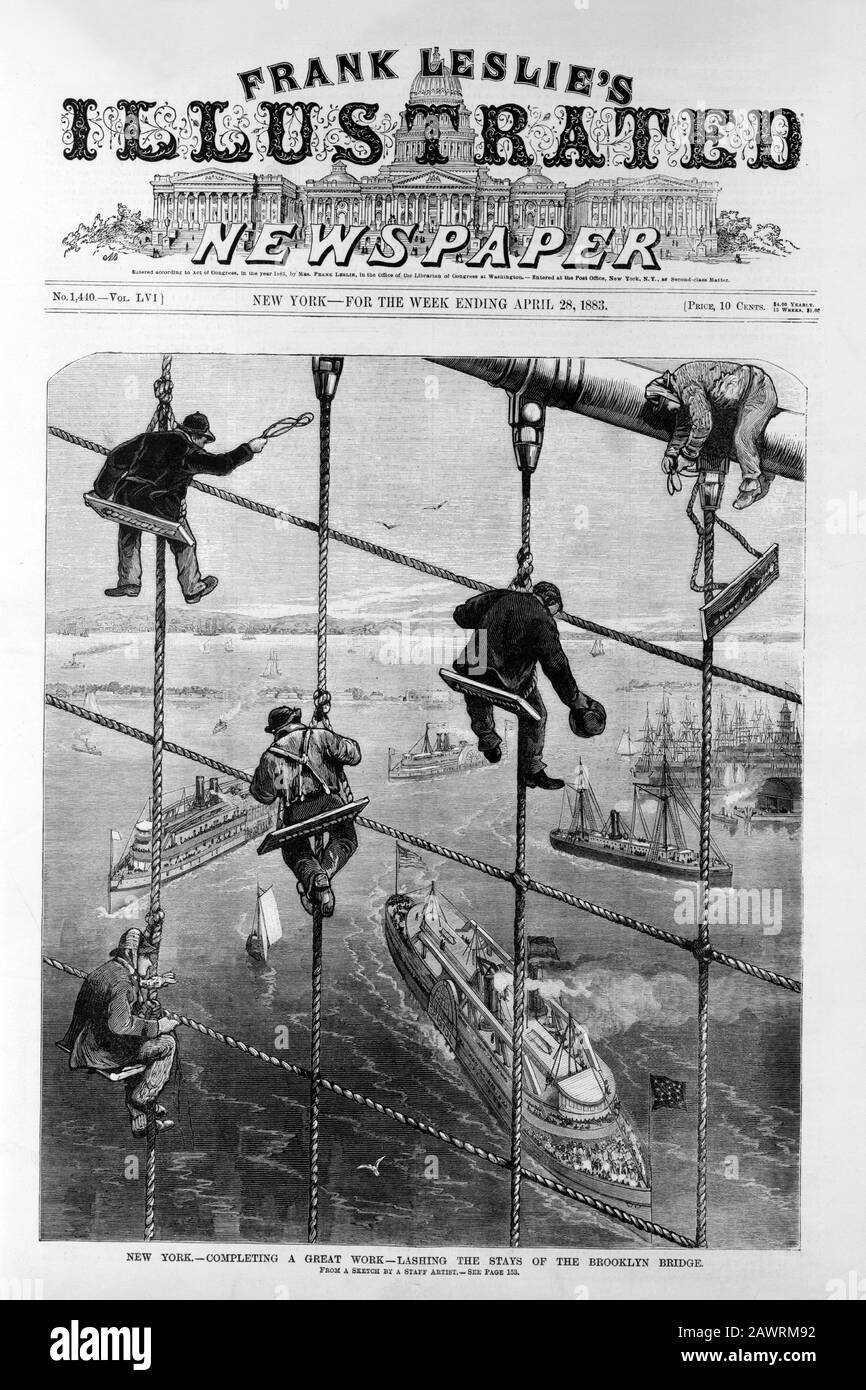 1883 , april , NEW YORK , USA : Eine großartige Arbeit erledigen - die Aufenthalte der Brooklyn Bridge verzurren. Gravierte Abbildung aus FRANK LESLIES ILLUS Stockfoto