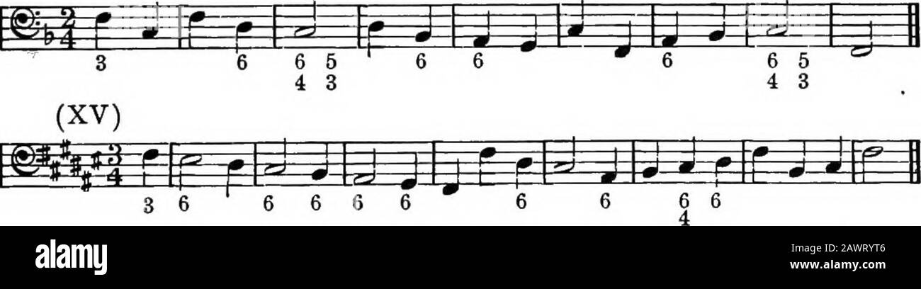 Harmonie, seine Theorie und Praxis . 6666 66 665 i i 4 3 N.B.diese Progressife^ MrtJJCluced zeigt den einzigen Fall an, in dem oneseconde Inversion ftmbwedArfeanother sein kann. Der Student muss darauf achten, dass er nicht aufeinanderfolgende Viertel über XSS Bass schreibt. (14). 3 6 6 6 6 6 Die folgende Übung soll die Verwendung von zwei aufeinanderfolgenden zweiten Versionen veranschaulichen. Beachten Sie, dass sie sich hier, wie in ExerciseXIII, auf benachbarten Maßstabsgraden befinden. {XVI) 74 Harmonie. [Kap. VI, (XVII) Stockfoto