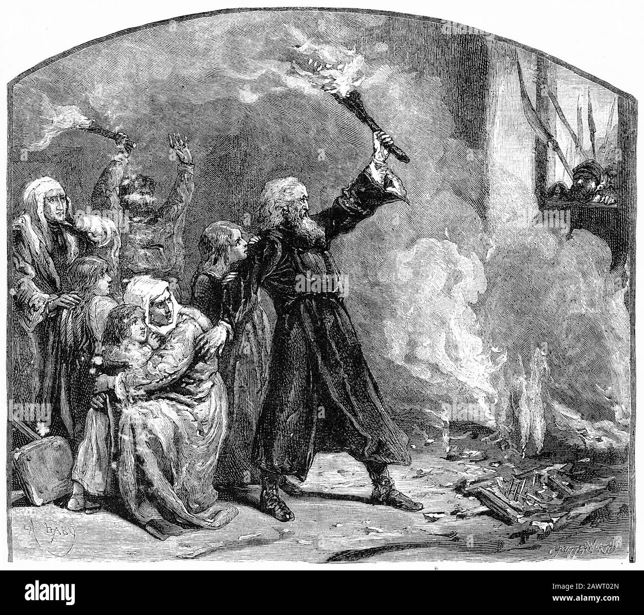 Gravur von Juden, die in Nürnberg während der 1300er Jahre verfolgt wurden Stockfoto
