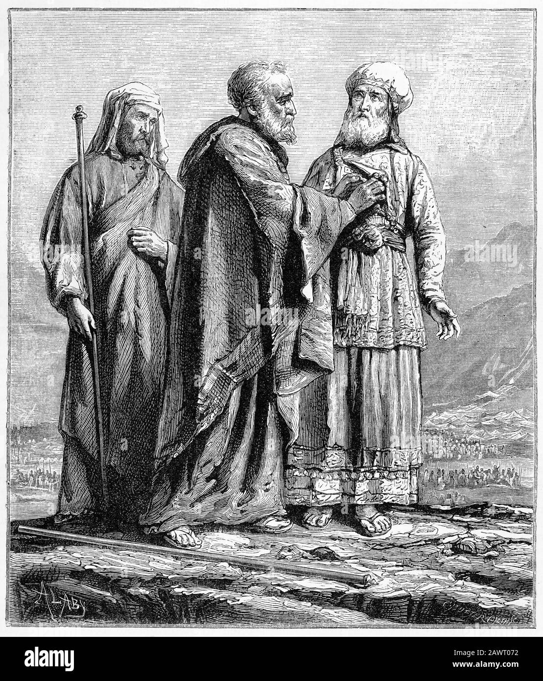 Gravur von Moses, der Aaron von seinen Kleidungsstücken kurz vor seinem Tod abstreifte. Stockfoto