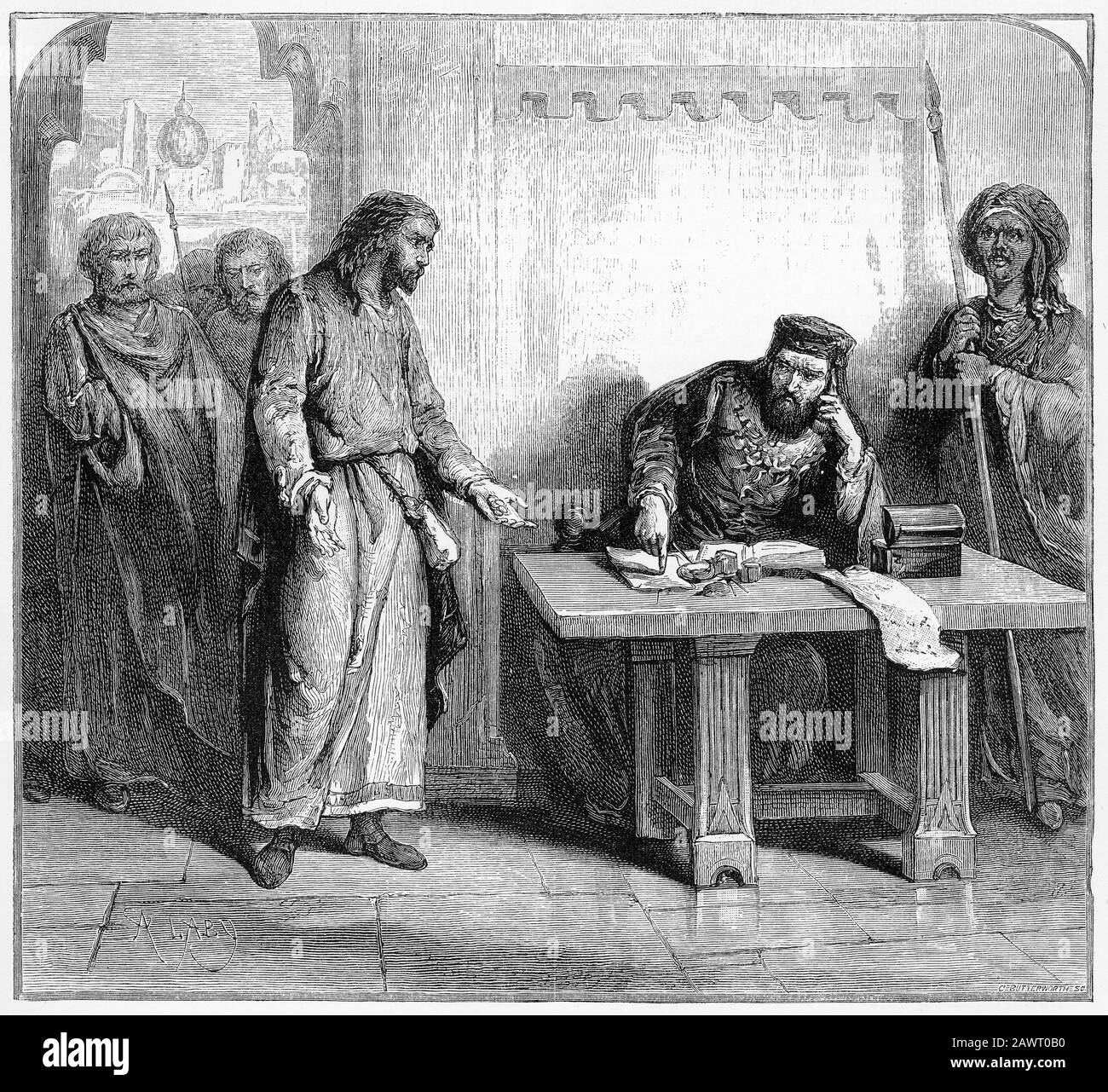 Gravur der Juden, die den Kalifen in Osteuropa Steuern zahlen, etwa 800 n. Chr. Stockfoto