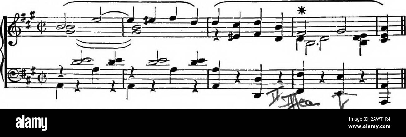 Harmonie, seine Theorie und Praxis . Z. B. 119. Schumann. Parad.ise und Peri.. Hier wird bei * die zweite Inversion des supertonischen Akkordes (iiir) gesehen. Vorausgegangen ist die erste Inversion (ii^) des Samechords, und der Bass fällt einen Schritt zur Dominante. Kap. VI.] Umleitungen von Triaden. 69 185. Der Dreiklang auf dem Medianten trifft seltener auf die anderen Akkorde der Dur-Taste, und seine zweite Inversion (c,) ist äußerst selten. Das folgende ist eines der besten Beispiele für die Verwendung: W. S. Bennett: Part Song, Come, Live with Me. Z. B. 120. Wie in den obigen Beispielen haben wir den V-Akkord markiert Stockfoto