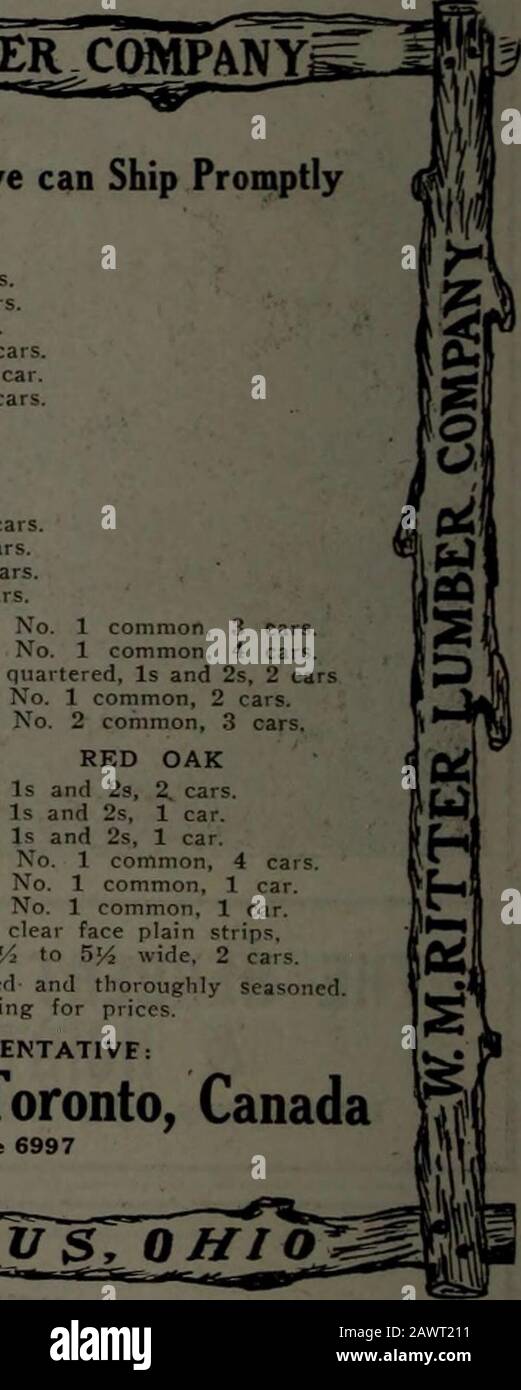 Kanadische Forstindustrie Juli-Dezember 1914 . Alle unsere eigene Herstellung, handgesägt und gründlich gewürzt.Geben Sie Ihre Bestellung nicht auf, bevor Sie für Preise schreiben. Kanadischer REPRÄSENTANT: John Hall, Box 32, Toronto, Canada Phone College 6997 BUS, OHI Canadas Big Hardwood Market In Kanada Steigt die Nachfrage nach Hartholz und Furnieren. Die Spezialholzverarbeitende Industrie dieses Landes ist die am besten geführte und progressiveindustrien Branche. Sie haben einen weltweiten Markt für ihre Waren. Erreichen Sie die Schnittholz- und Furnierkäufer von Canadas Holzbearbeitungsanlagen durch Thispaper, das anerkannte Stockfoto