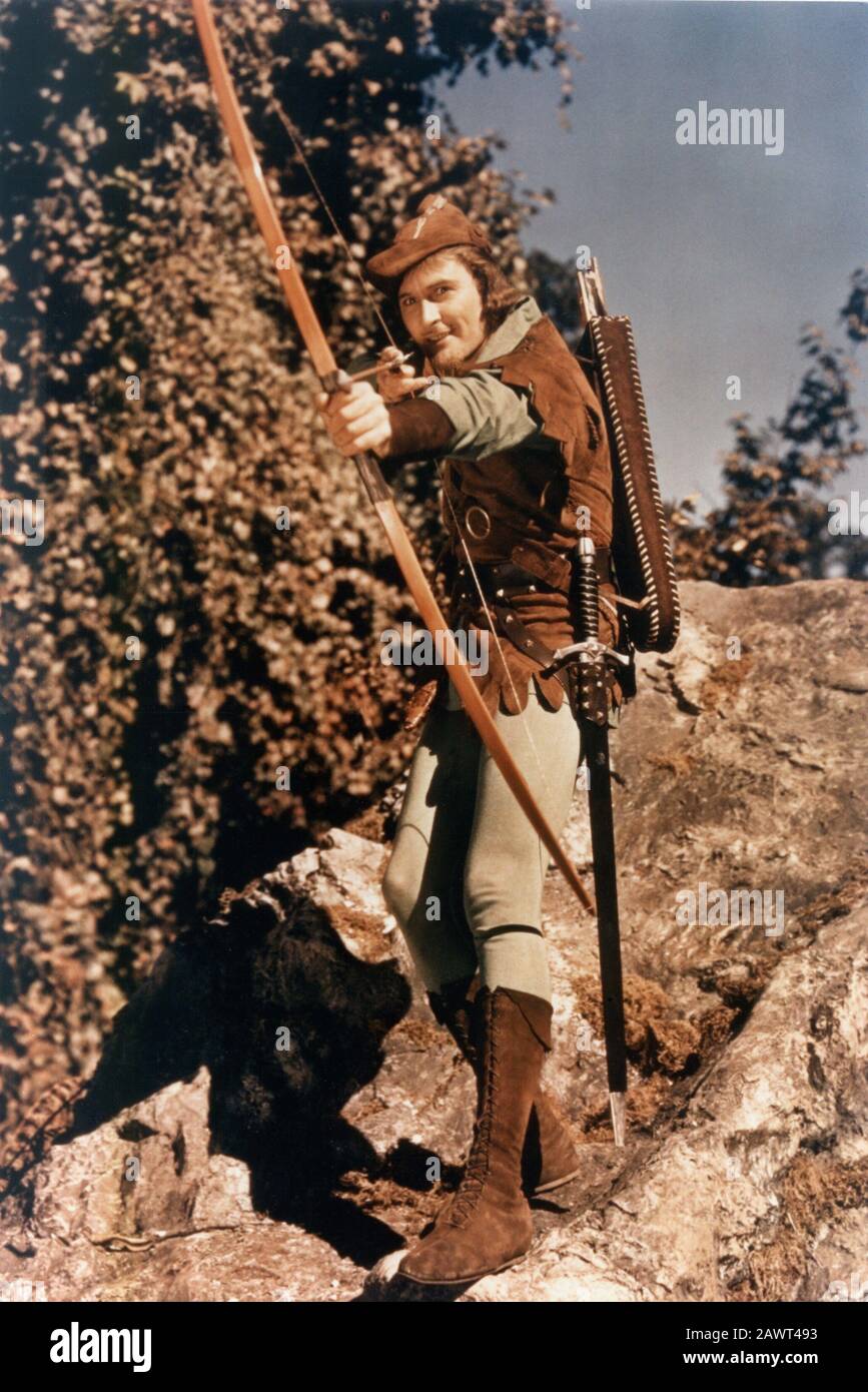 Der Hollywood-Filmschauspieler ERROL FLYNN ( 1909 - 1959 ) IN DEN PROTHESEN VON ROBIN HOOD ( 1938 - La leggenda di Robin Hood ) Von Michael Curtiz - FILM Stockfoto