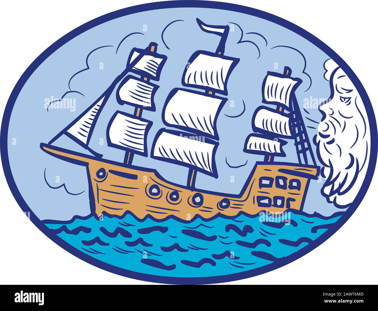 Zeichnung Skizze Stil Illustration von Boreas, dem griechischen gott des Nordwindes und der Bräter des Winters, wehend eine Galeone, hohes Segelschiff in ovaler Form Stock Vektor
