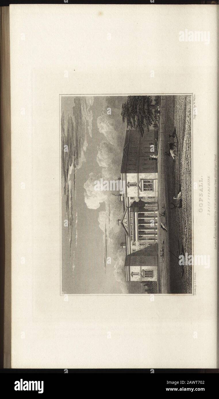Blick auf die Sitze der Adligen und Herren in England, Wales, Schottland und Irland. topseil, £etcestersftu * e; DER SITZ DES RECHTEN HON. RICHARD WILLIAM PENN CURZON HOWE, EARL HOWE. Das Anwesen in Gopsall, etwa 5 km nordwestlich von Market Bosworth, wurde im Jahr 1765 von Herrn Alderman Westly, von Leices-ter, erbaut und soll 100.000/gekostet haben. Danach wurde es von JLrt besetzt: JennenS ein W6althy Händler; der ohne Problem im Jahr 177J starb, hinterließ er Gopsall seinem Neffen, Penn Assheton Curzon, Esq whomarried eine Nichte von Mr. Jennens. Dieser Herr verschönerte die Lage des m Stockfoto