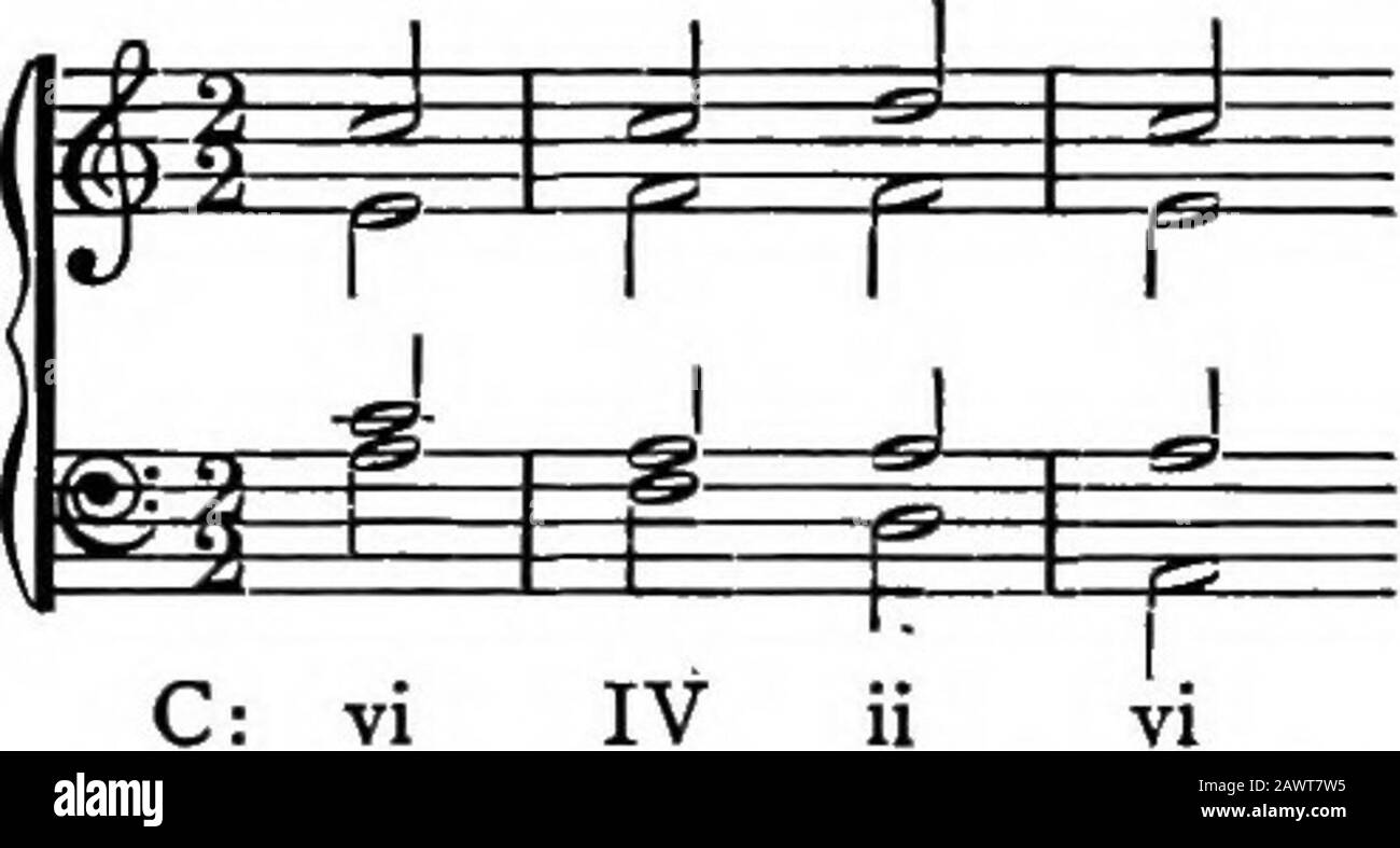 Harmonie, seine Theorie und Praxis . (§112). Da die Klarheit der Tonalität eine der ersten Voraussetzungen für gute Schreibweisen ist, sollten die primären Akkorde immer früh eingeführt werden. Nachdem I und V eingesetzt wurden, wird ii den Schlüsselbund sowie IV definieren, da er die Subdominante enthält. Alwaysuse einen fairen Anteil primärer Triaden bei der Harmonisierung; vergessen Sie nicht, dass zu viele aufeinanderfolgende Sekundärakkorde einen Weakeffekt haben und manchmal sogar das Tastgefühl stören können.Wenn wir beispielsweise in C-Major die folgende Progression finden,- Ex. 100. C: VI IV der Eindruck, der trotz des Primars entsteht Stockfoto