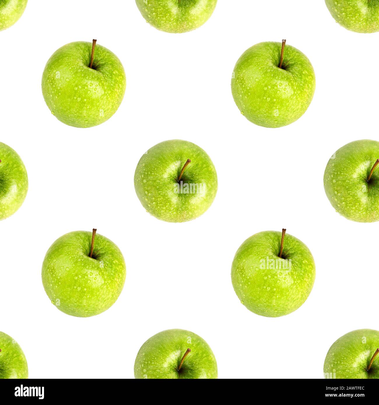 Nahtloses Muster aus frischen grünen Äpfeln Draufsicht isoliert, weißer Hintergrund, gruseliger smith apfel wiederholt Schmuck, schmackhafte saftige reife Früchte Hintergrund Stockfoto