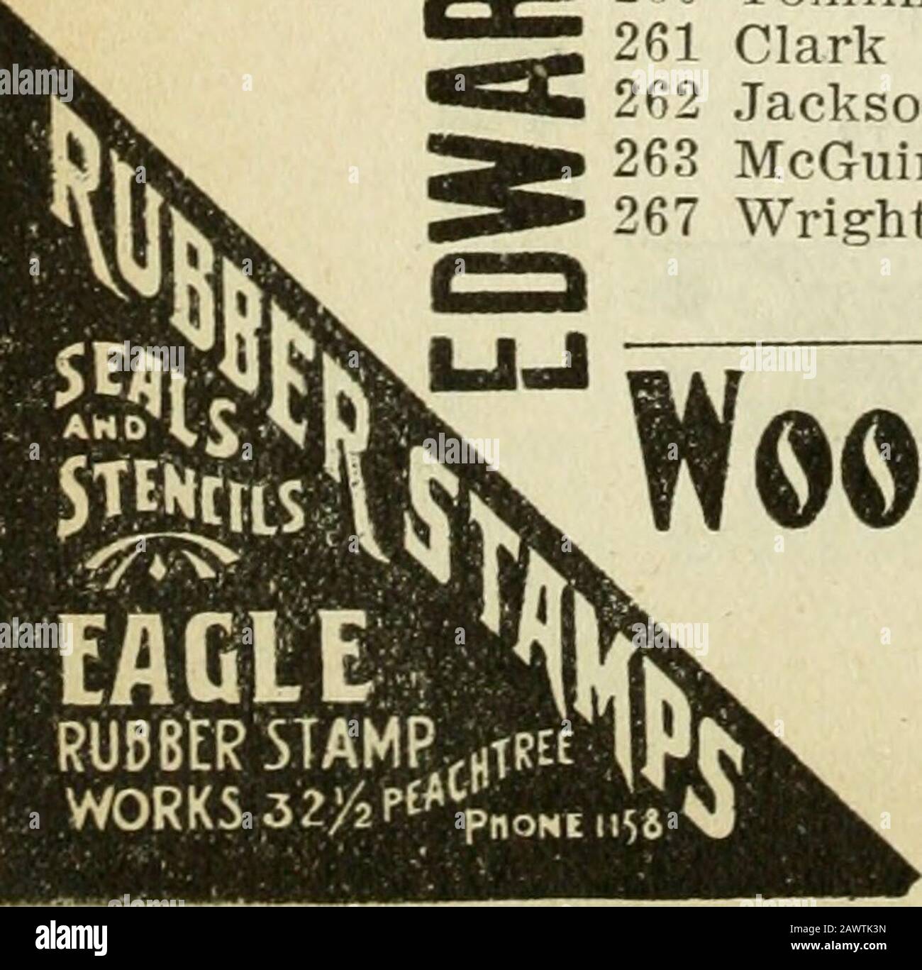 Atlanta City Directory. rt Gus A 16 Clarke L Benjamin (Woodward Ave Beginns)22 Bennett Lula Mrs26 Saine Julia Mrs32 Griffin Emma Mrs (Orange Beginns)38 Wilkins Samuel 41 Boynton HoUis A 42 Christian Ella Mrs 49 Rey Fannie Mrs 50 Manahaln William53 Parks Joseph A (Rawson schneidet) 63 Fuller Azariah T69 Trowbridge Henry T 77 allen Russell JKener Thomas M 78 Lafitte John B 83 Cooper George W85 Crawford Andrew (Eugenia beginnt)89 Farris William A 92 Loeb David C 93 Klein Dan & Son 94 Moss Rosa Mrs 95 Vakant 97 Leake Mary E Mrs (Hood Ends)103 Fuller Lou Mrs110 Jackson Samuel M (c) 113 Murphy Margaret Stockfoto