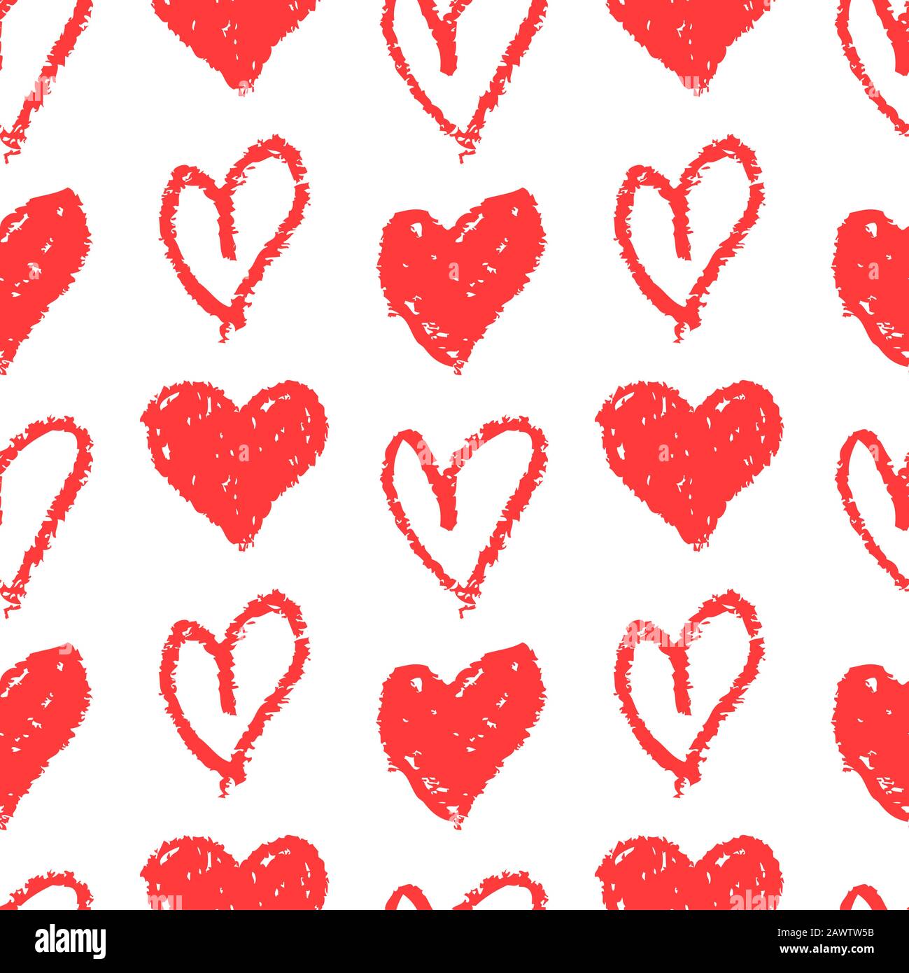 Nahtloses Muster mit handgezeichneten Herzen. Weißer Hintergrund und rot gestrichene Herzen. Drucken Sie aus Liebe, Hochzeit, Valentinstag oder einem anderen romantischen Design. Stock Vektor