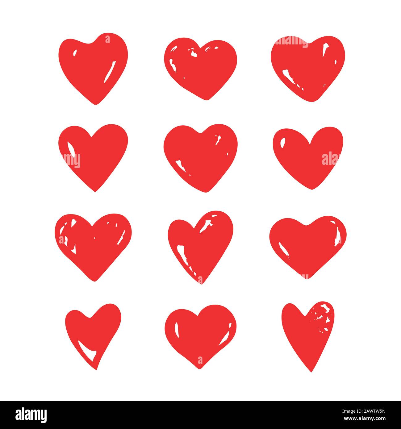 Herzsymbole isoliert auf weißem Hintergrund. Rote handgezeichnete Ikonen für Liebe, Hochzeit, Valentinstag oder anderes romantisches Design. Satz mit 12 verschiedenen Schap Stock Vektor
