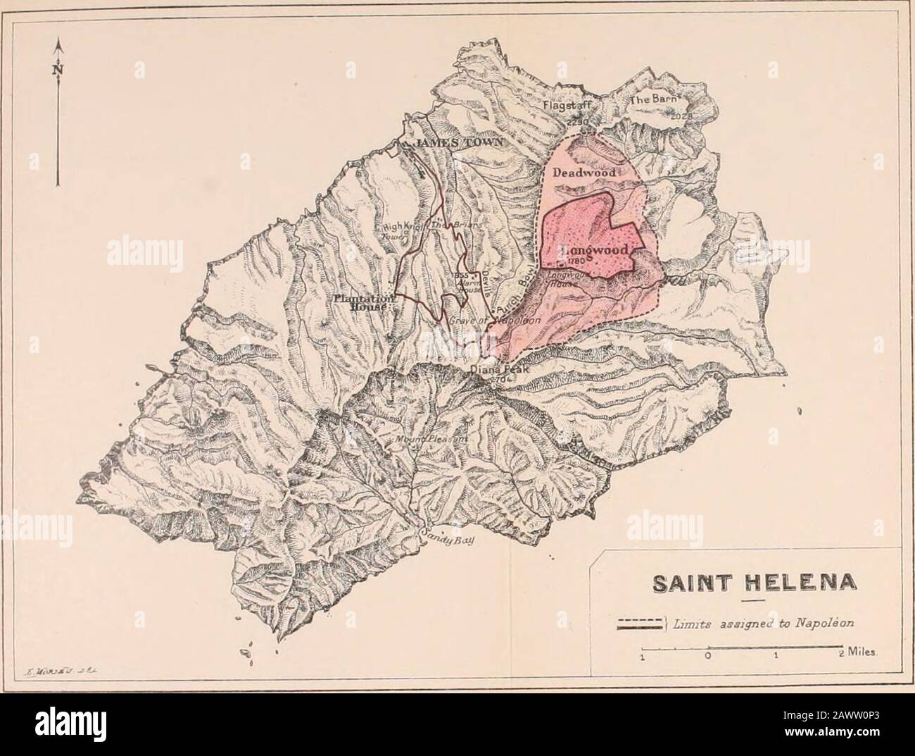 Das Drama der heiligen Helena. SAISIT HELKNA   f Grenzen, die Napoleon S Mil zugewiesen wurden. Das TEDIUM DER HEILIGEN HELENA 125 von enge und Einschließung. Mit Ausnahme von vier oder fünf Plateaus gibt es keine weiten Freiflächen, sondern allseits scharfe Höhenlinien, scarcelyaffording Stehplätze oder Schluchten, die den Horizont schließen, in dem man gleichgültig vermauert ist. Diejenigen, die das Land kennen, ermüden bald darauf einen so steilen und doch so gleichmäßigen Uncharaktere. Die fünfzehnhundert Einwohner von James-Town verließen kaum jemals die Schlucht, in der sie sich vegetierten. Um den steilen Gradienten zu skalieren Stockfoto