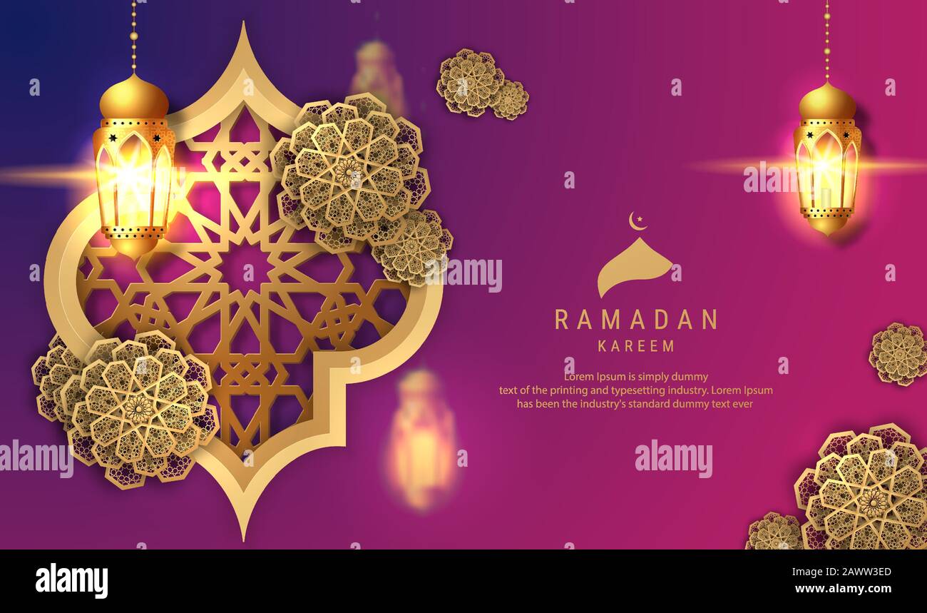 Ramadan Kareem Grußdesign: Halbmond mit arabischer Kalligraphie Übersetzung des Textes "Ramadan Kareem" Und hängende Ramadan Laternen. Islamisches cel Stock Vektor