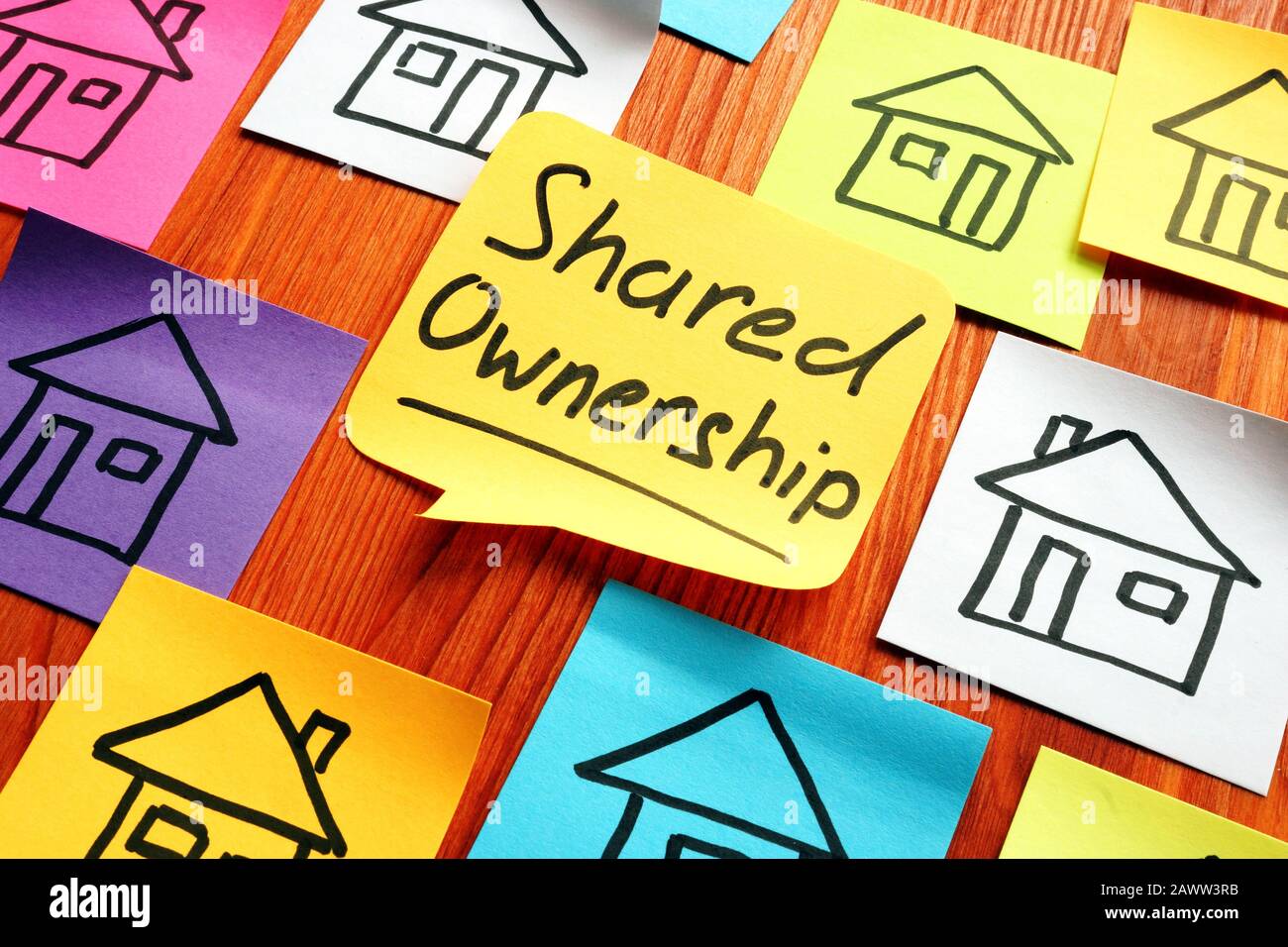 Gemeinsame Besitzerphrase und gezeichnete Häuser. Stockfoto