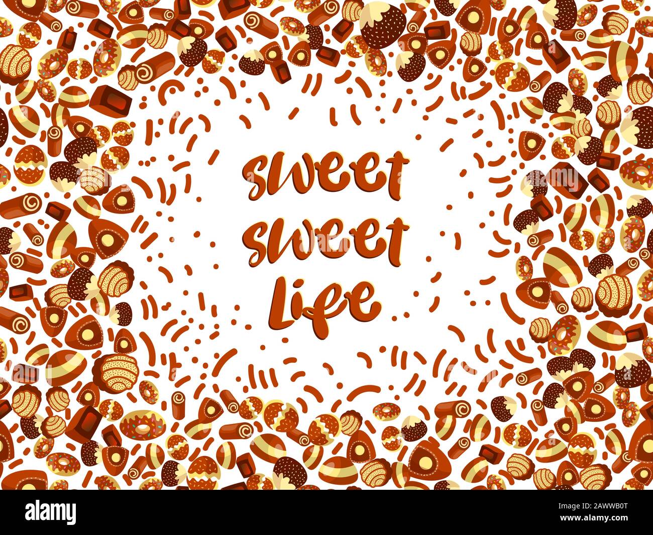 Pralinenherstellung frame von choco Bonbons auf weißem Hintergrund. Pralinenherstellung Banner, Ansicht von oben, flach mit dekorativen Elementen. Chocolats candy Stock Vektor