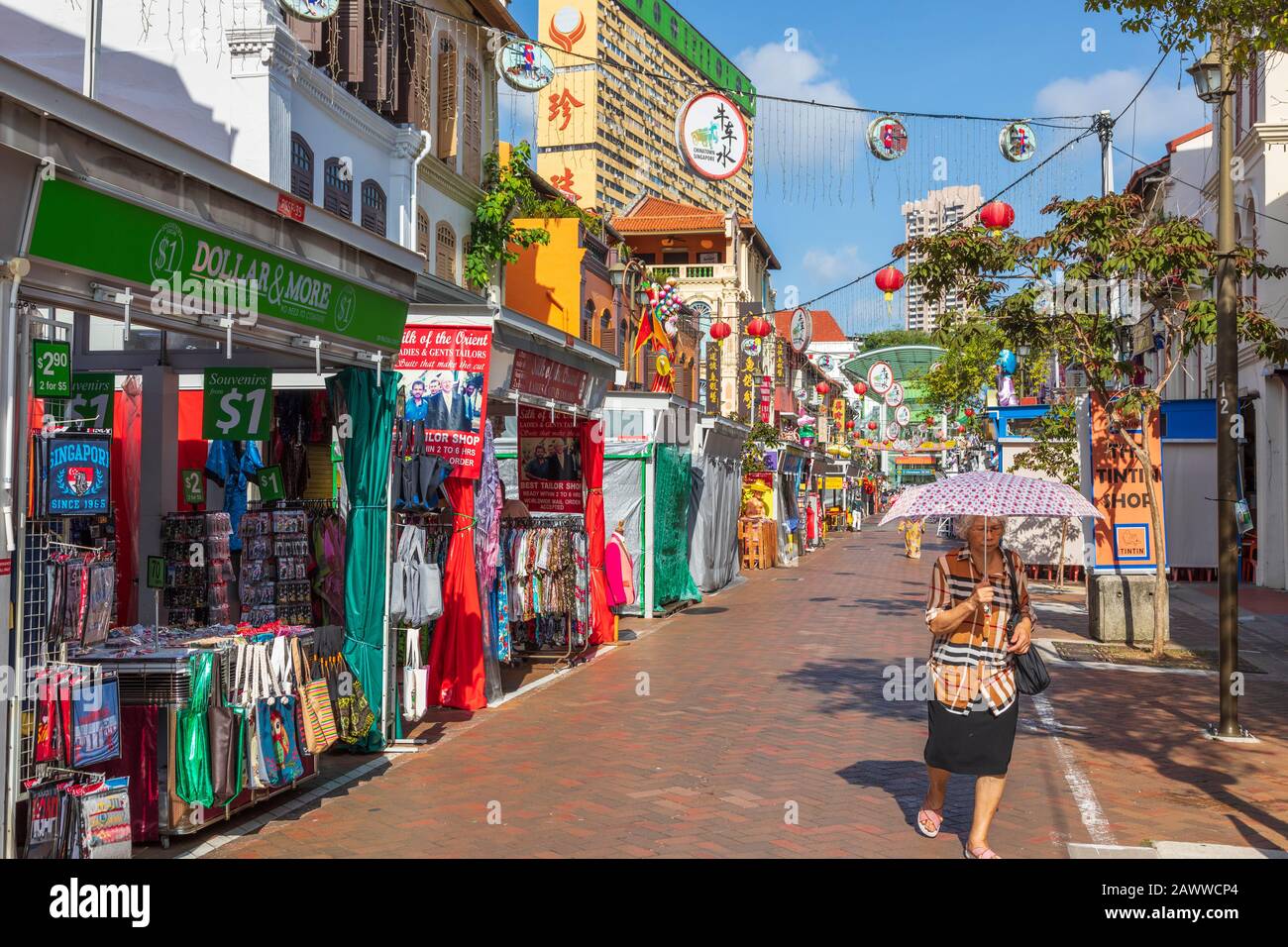 Einkaufsbuden und Verkaufsstellen an der Pagoda Street, Chinatown, Singapur, Asien Stockfoto