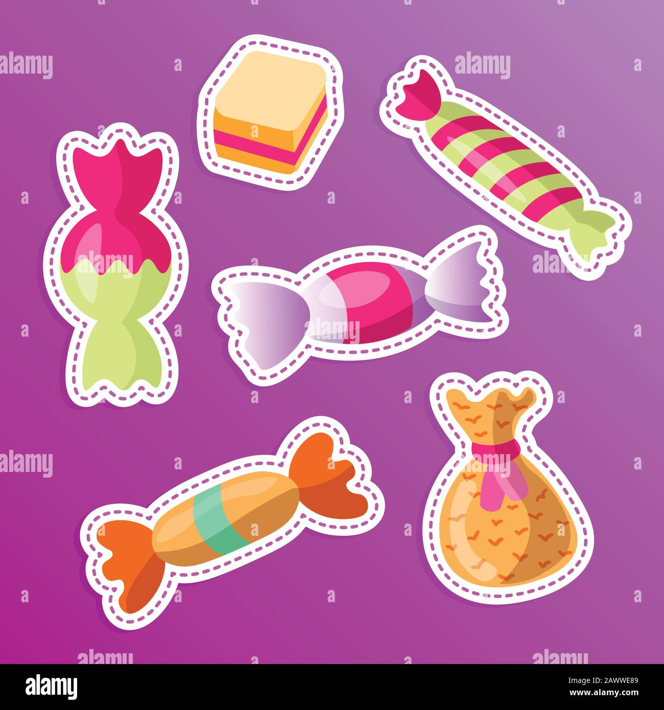 Süßigkeiten-Set mit süßen Cartoon-Aufklebern. Sammlung von Süßigkeiten, Cartoon-Stil. Süßigkeiten im Wrap, Süßigkeiten, Süßigkeiten-Kollektion. Cartoon-Doodle-Form Süßigkeiten Stock Vektor