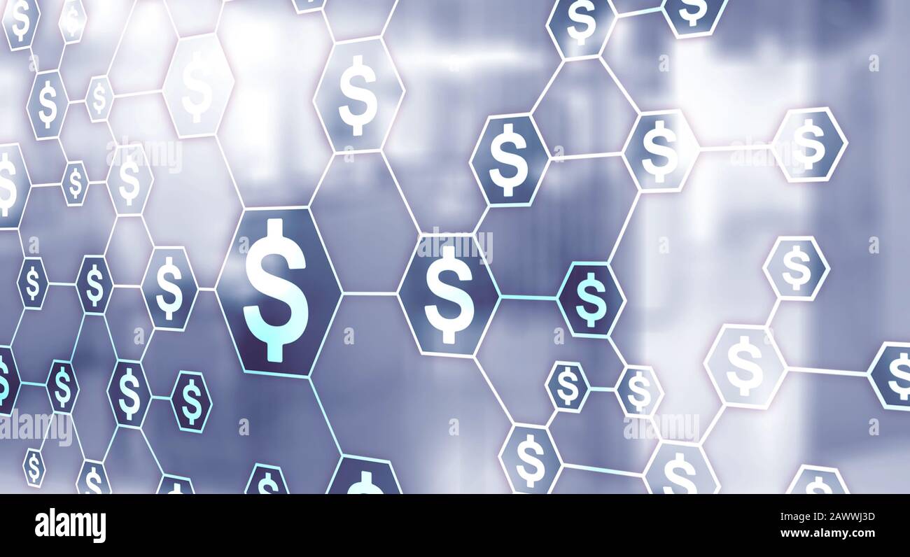 Finanztapete für Geschäftspräsentationen. Dollar-Symbole auf verschwommenem Bürohintergrund. Stockfoto