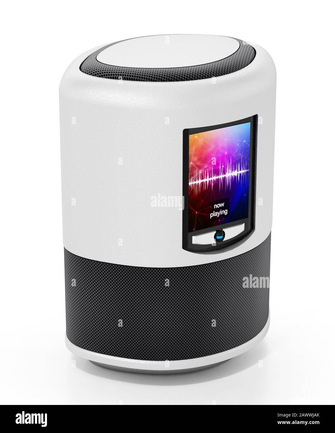 Smart Speaker mit LCD-Bildschirm auf weißem Hintergrund isoliert. 3D-Abbildung. Stockfoto