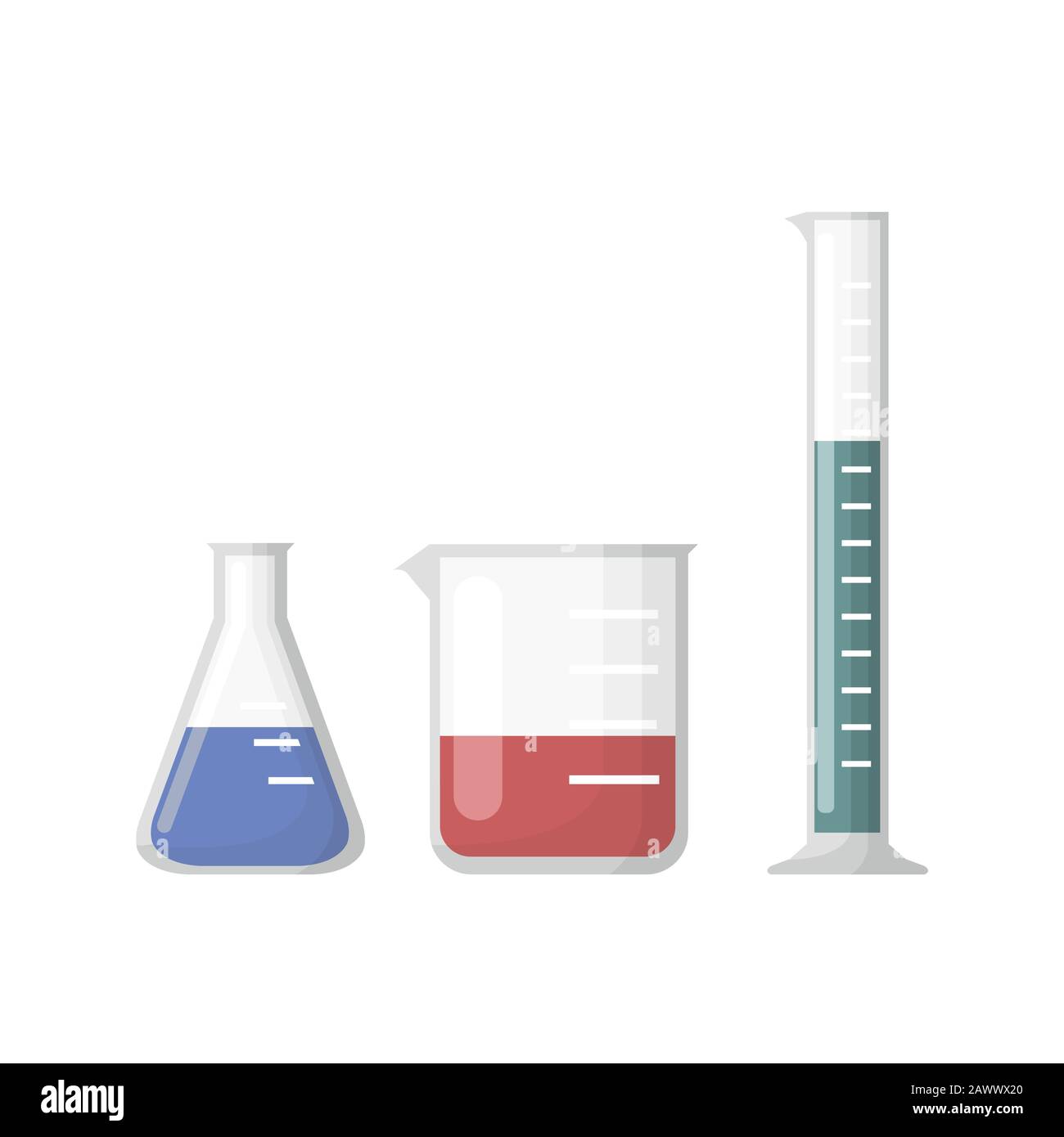 Chemische Laborgeräte, Erlenmeyerkolben, Becher und Reagenzglas Stock Vektor