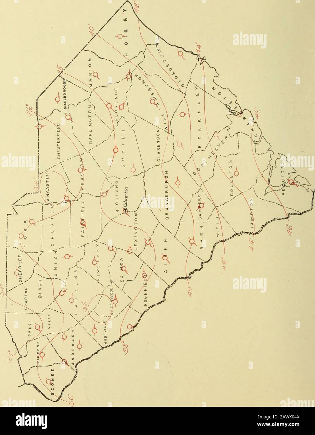 Klimatologische Daten, South Carolina. RALEIGH, NEW C.WEATHER BUREAU. März 1905. O OS IH &gt;^ CA p PHH &lt;i O. i ^^^ Ficiia AKV, l. hir&gt;. CLIMATK UND (Koli^: SOlTII CAIIOI.INA SK(m()N. Klima AM) CKOP Sl-RVICE WliAFIiR BCRLMl. ZENTRALSTELLE: WASHINGTON, D. C. SOUTH CAF^OLLNFL SECTION. J. W. BAUER, Section Director, COLUMKIA, S. C. vot. VIII Columbia, S. C, Februar 1905. Nr. 2. FORTSCHRITT DER LANDWIRTSCHAFTLICHEN ARBEIT. ? Der Monat war ungewöhnlich und pei-stently kalt bis zum 20., nach whicli mild, und angenehm, und di-y Wetter setzte sich bis zum Ende durch. Der mittlere Temperaturvergleich Stockfoto