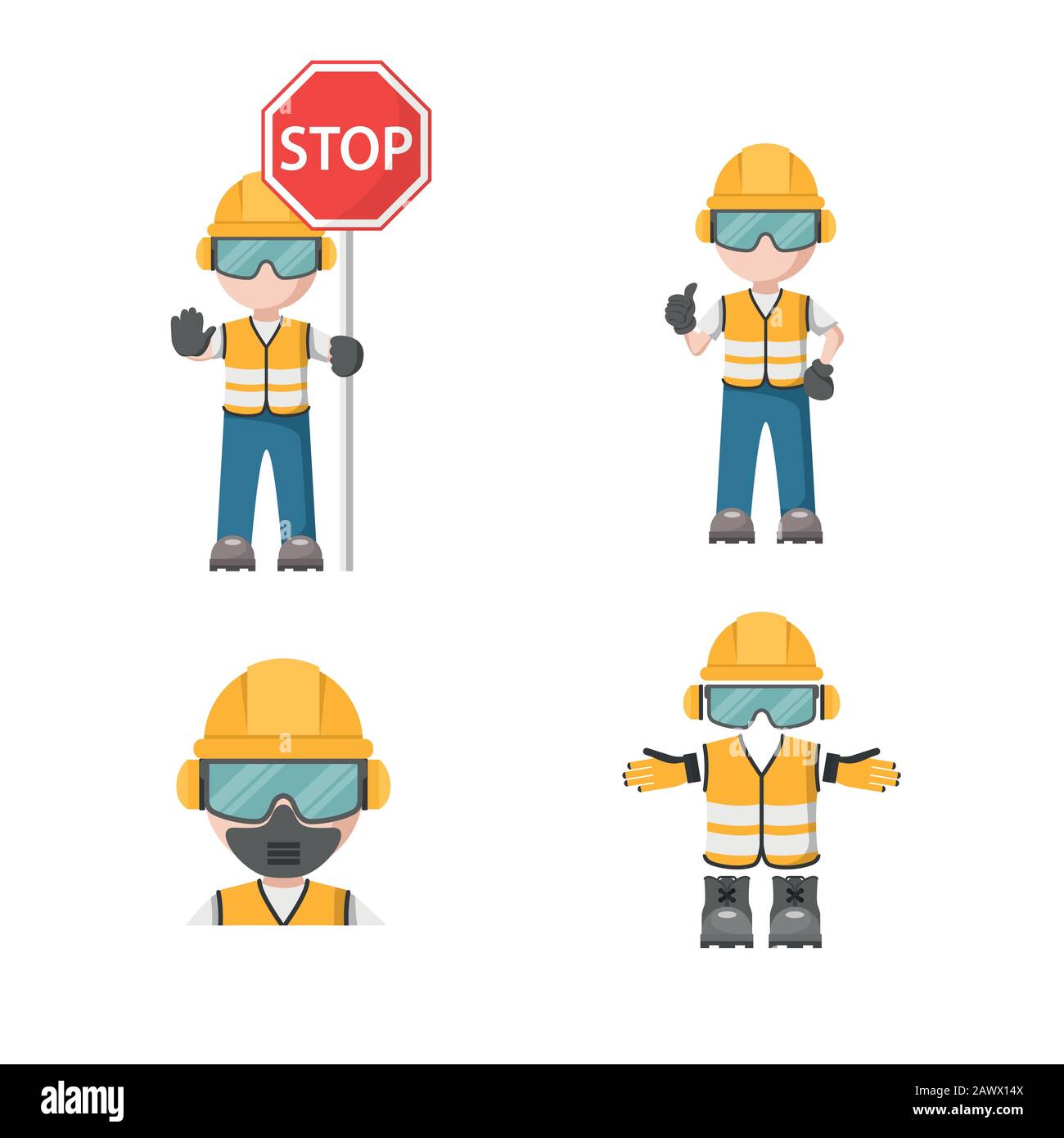 Person mit seiner persönlichen Schutzausrüstung mit einem Symbol für den Sicherheitsstopp für den Arbeitsschutz Stock Vektor