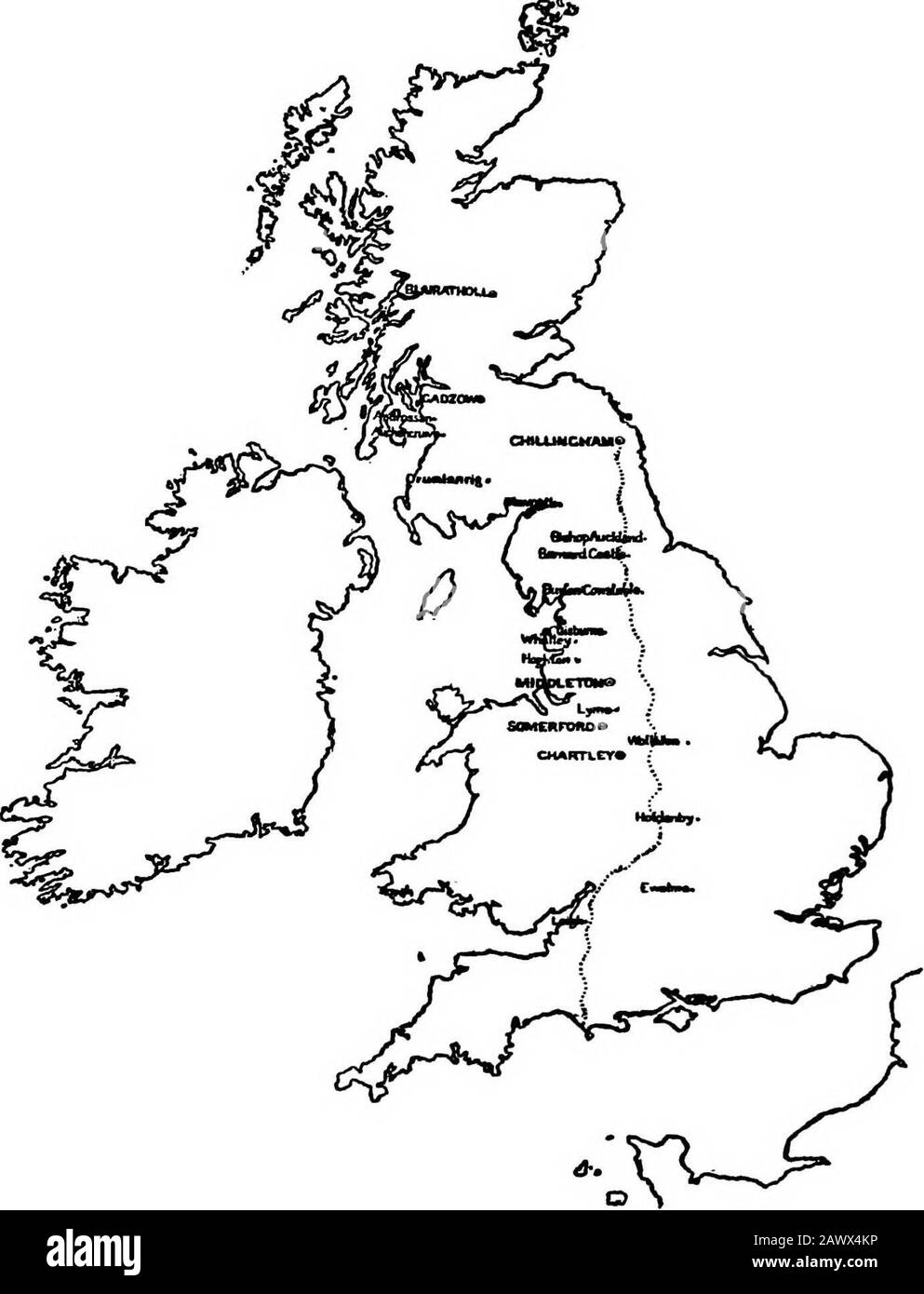 Die Entwicklung des britischen Viehs und die Mode der Rassen . Ly so, aber Harting hat eine Liste der Orte erstellt, an denen bekannt ist, dass sie emparkt wurden,^und jeder dieser Orte in England und Schottland liegt gut im Westen oder justimmediately im Osten dessen, was Wir mögen die Linie der Grünen aufrubbern: Die Eroberung des Gros von Großbritannien war nun (ca. 588) abgeschlossen. Ostwärts einer Linie, die etwa entlang der Moorgebiete von Northumberland und Yorkshire gezogen werden kann, durch Derbyshire und durch den Wald von Arden, bis zur Einmündung des Severn und durch Mendip ins Meer, war das Land hineingegangen Stockfoto