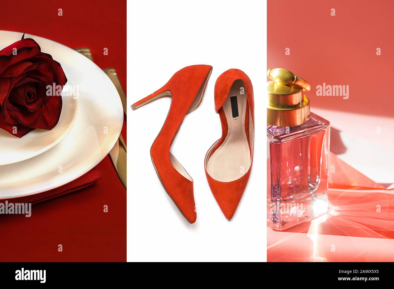 Valentines Day Modelayout mit weiblichem Accessoires auf klassischem rot-weißem Hintergrund. Weihnachten Neujahr, Valentinstag Party-Konzept. Flaches Layout, Kopierbereich. Stockfoto