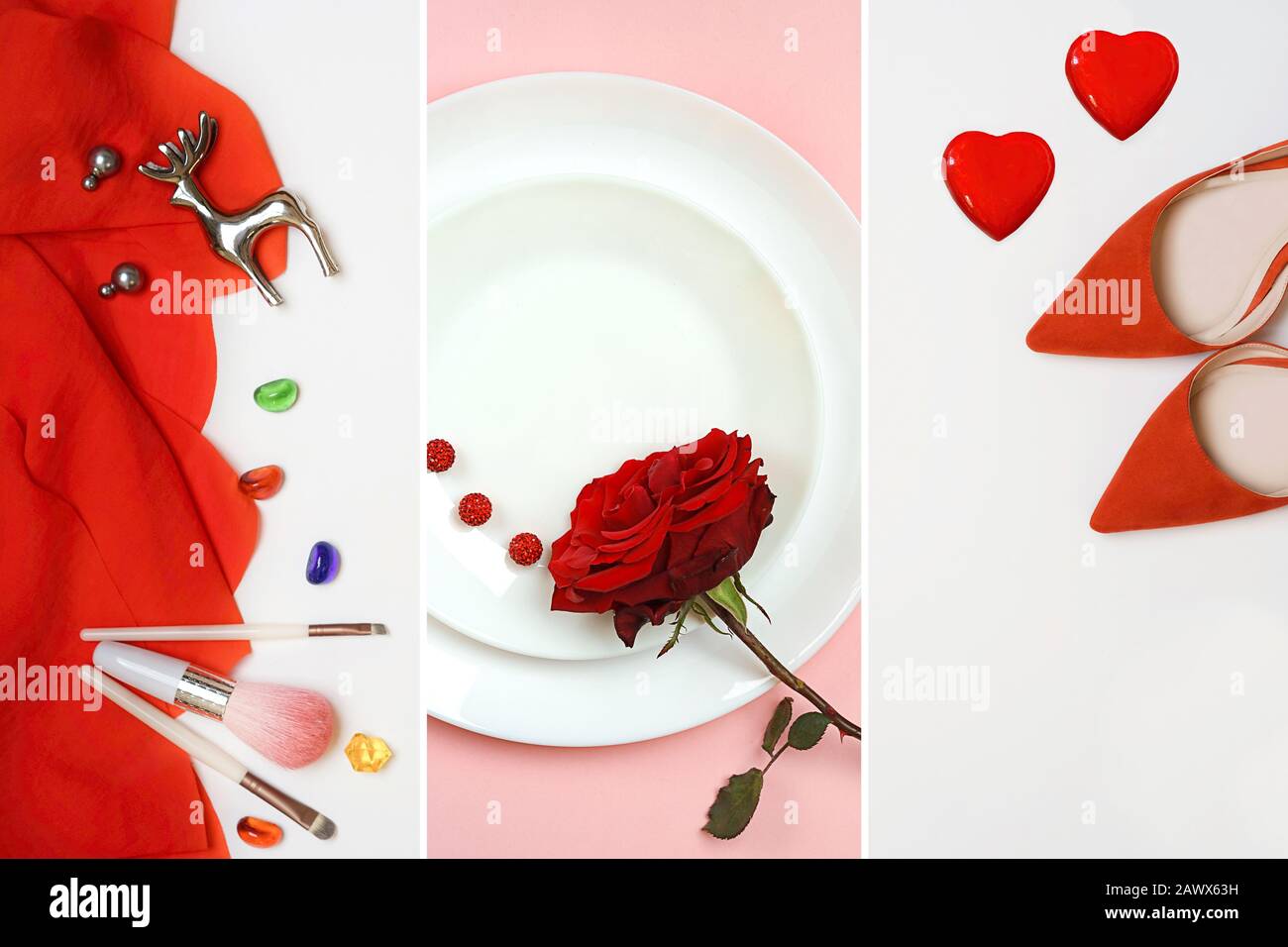 Valentines Day Modelayout mit weiblichem Accessoires auf klassischem rot-weißem Hintergrund. Weihnachten Neujahr, Valentinstag Party-Konzept. Flaches Layout, Kopierbereich. Stockfoto