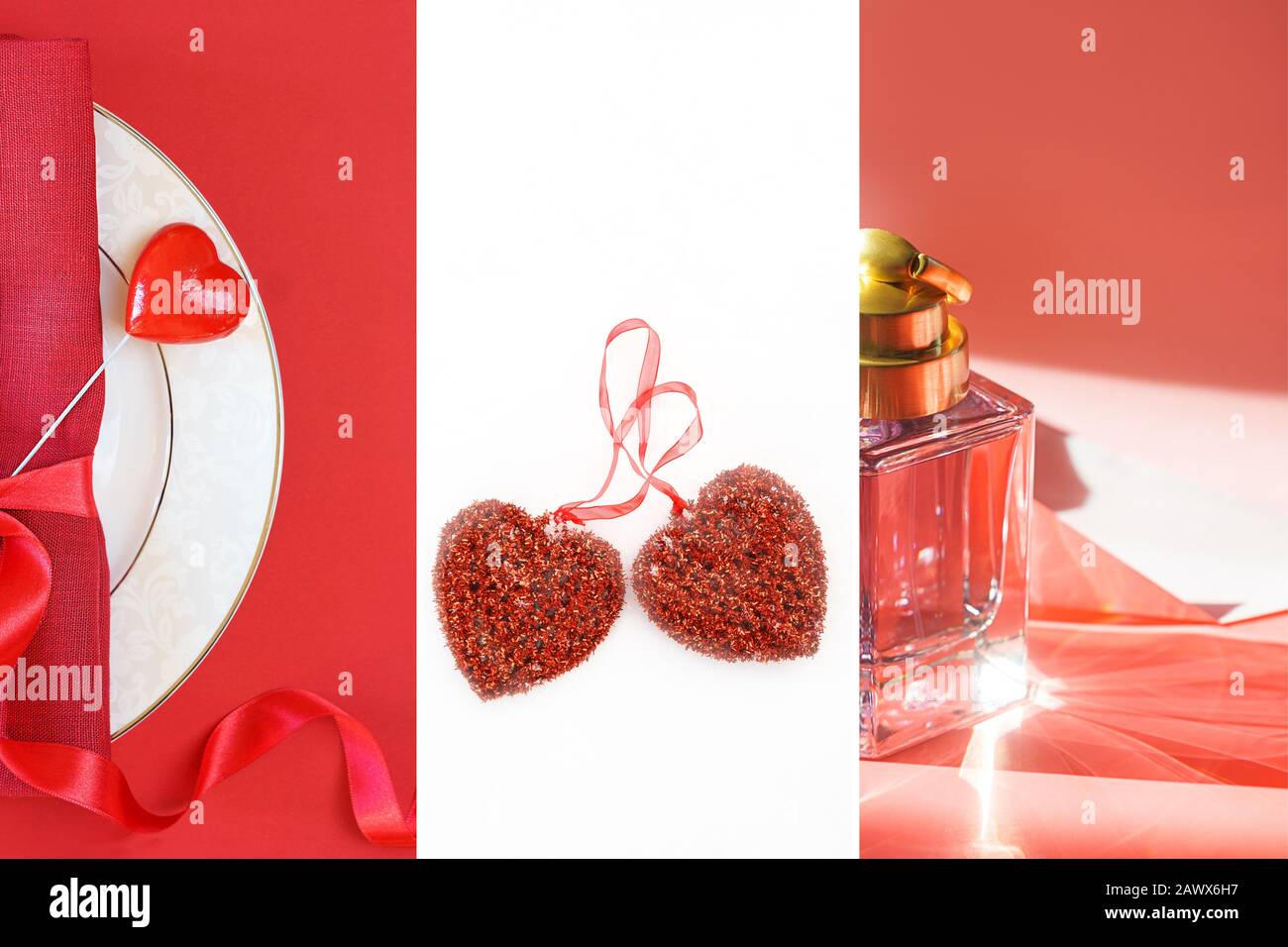 Valentines Day Modelayout mit weiblichem Accessoires auf klassischem rot-weißem Hintergrund. Weihnachten Neujahr, Valentinstag Party-Konzept. Flaches Layout, Kopierbereich. Stockfoto