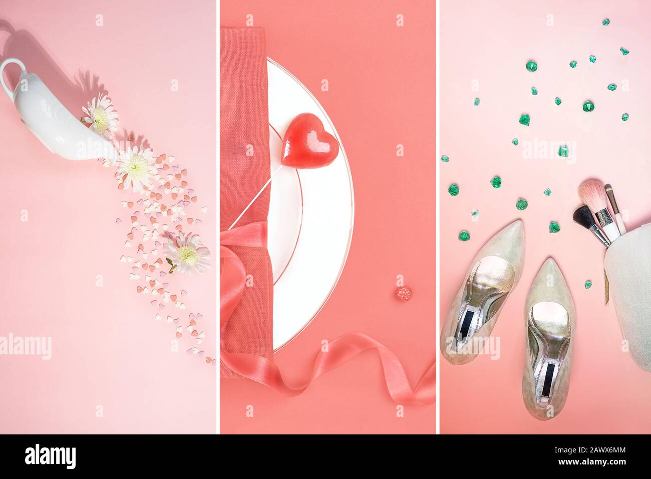 Valentines Day Modelayout mit weiblichem Accessoires auf klassischem rot-weißem Hintergrund. Weihnachten Neujahr, Valentinstag Party-Konzept. Flaches Layout, Kopierbereich. Stockfoto