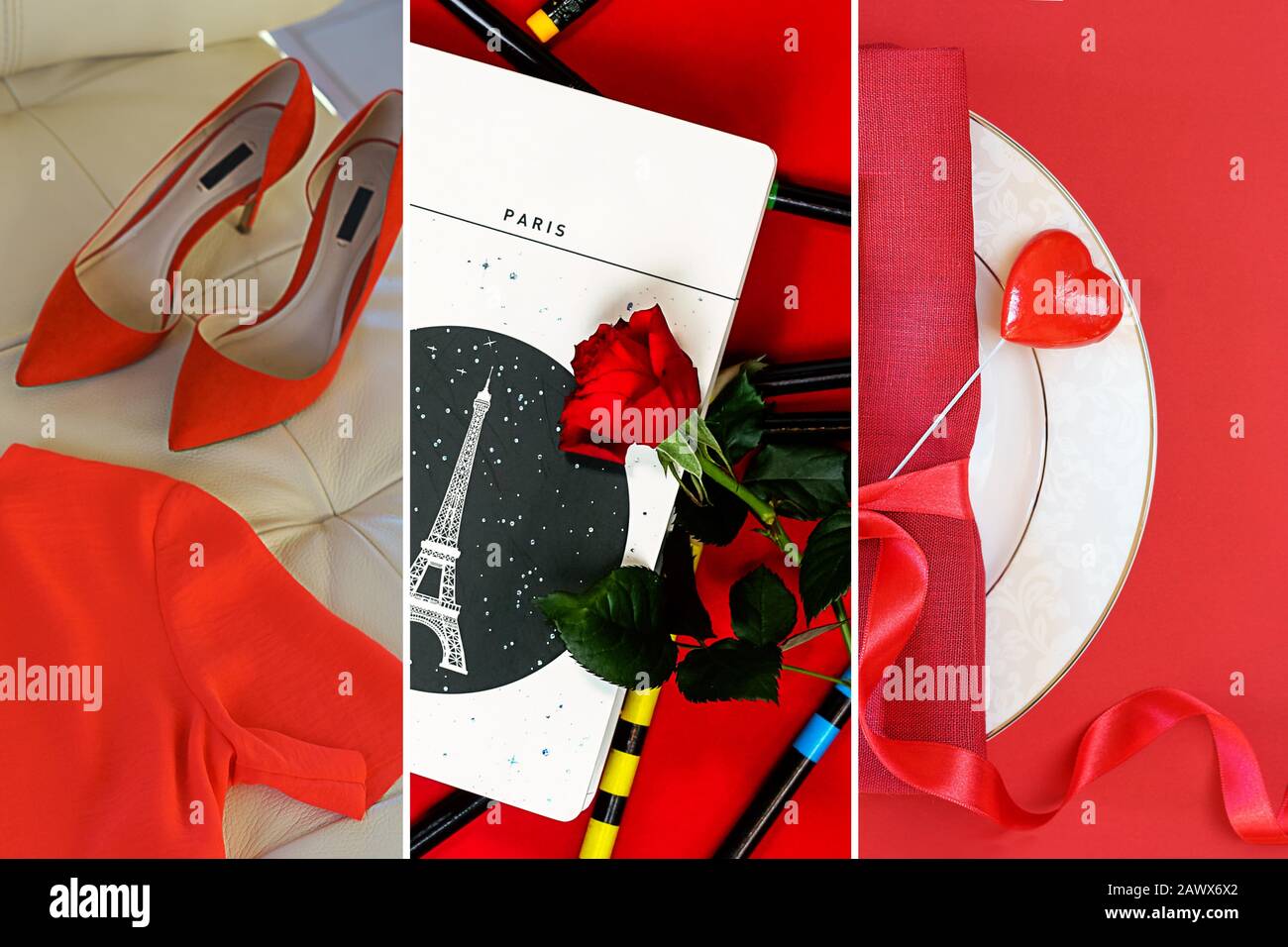 Valentines Day Modelayout mit weiblichem Accessoires auf klassischem rot-weißem Hintergrund. Weihnachten Neujahr, Valentinstag Party-Konzept. Flaches Layout, Kopierbereich. Stockfoto