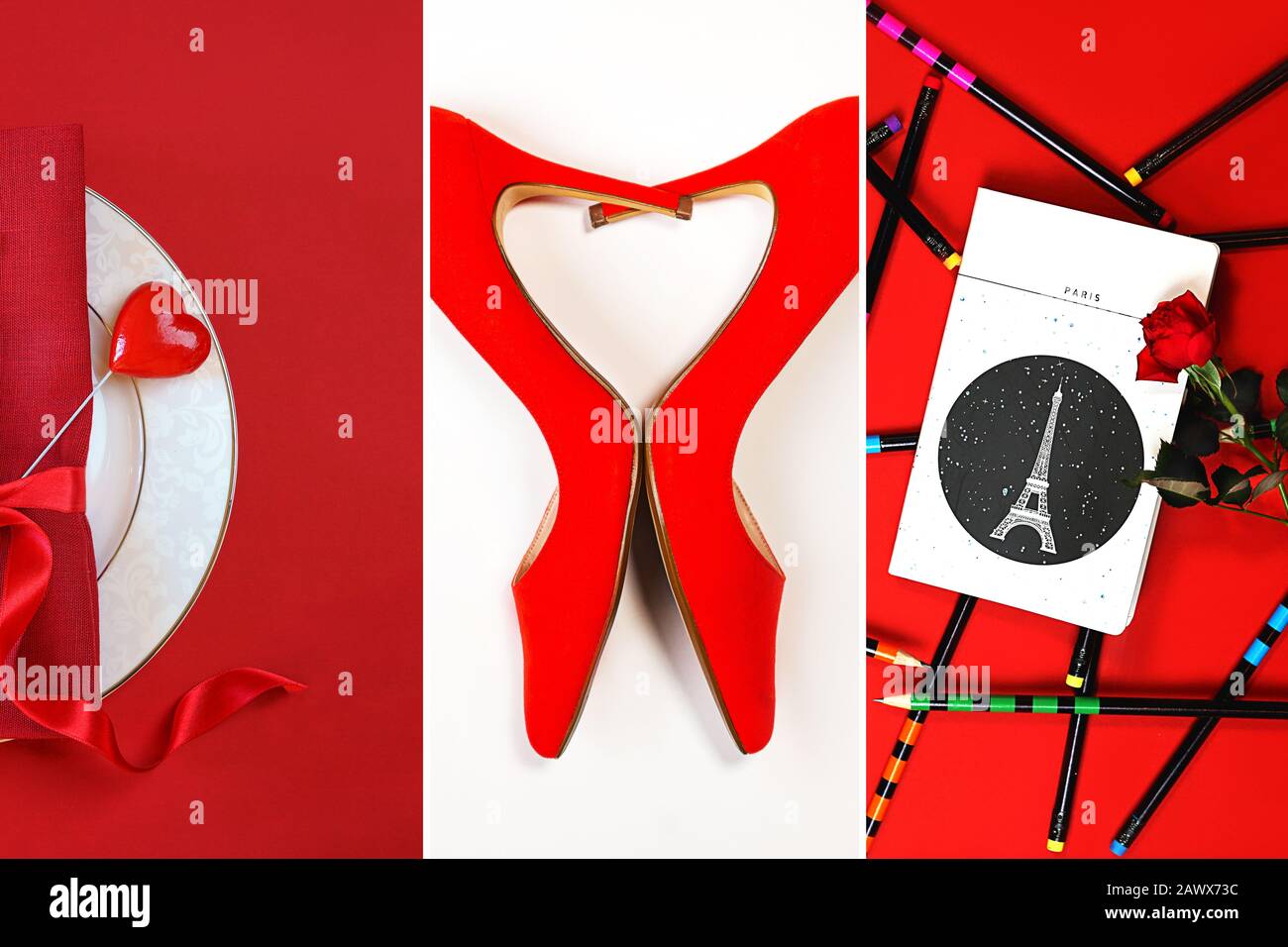 Valentines Day Modelayout mit weiblichem Accessoires auf klassischem rot-weißem Hintergrund. Weihnachten Neujahr, Valentinstag Party-Konzept. Flaches Layout, Kopierbereich. Stockfoto